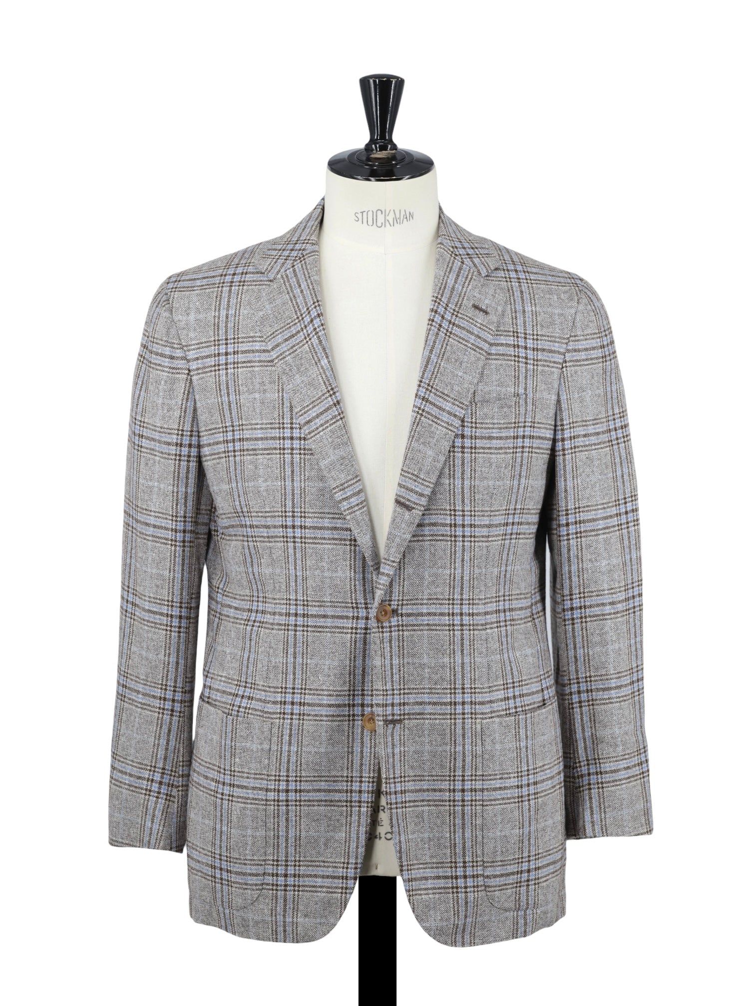 Kiton Taupe & Light Blue Silk, Cashmere, Wool & Linen Checkered Jacket