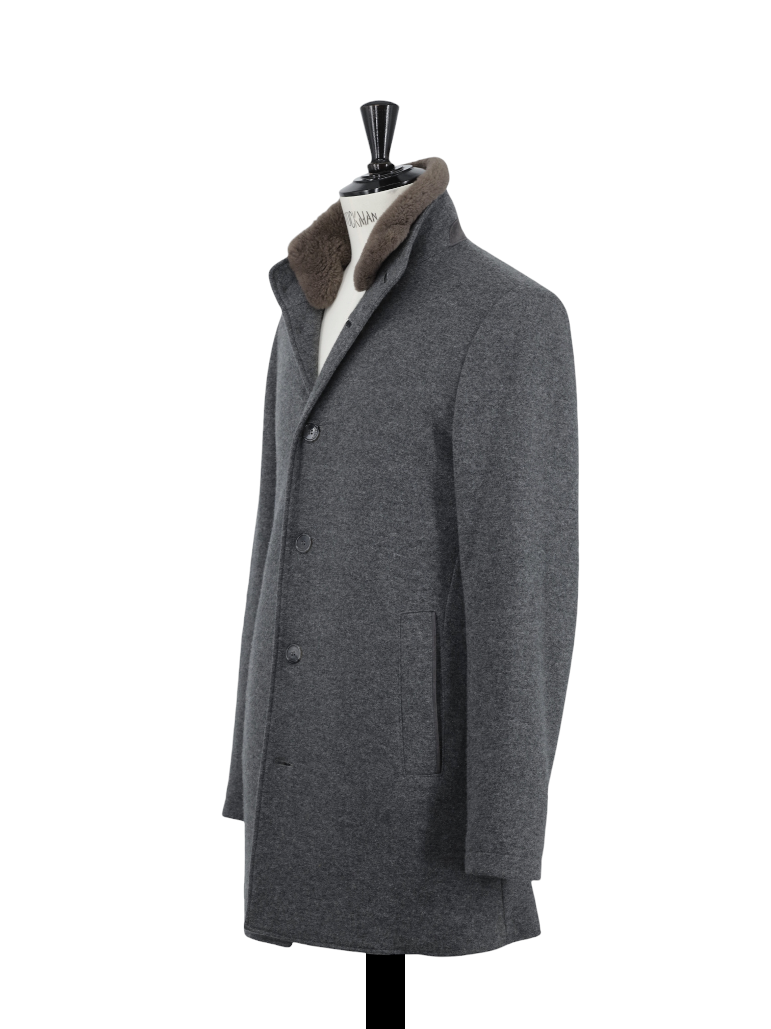 Mandelli Grey Double-Faced Cashmere & Stretch Castorino-Fur Collar Coat