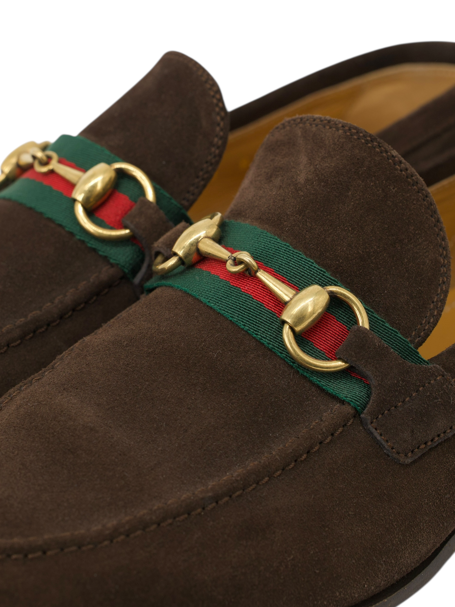 Gucci Chocolate Brown Suede & Web Stripe Jordaan Horsebit Loafer