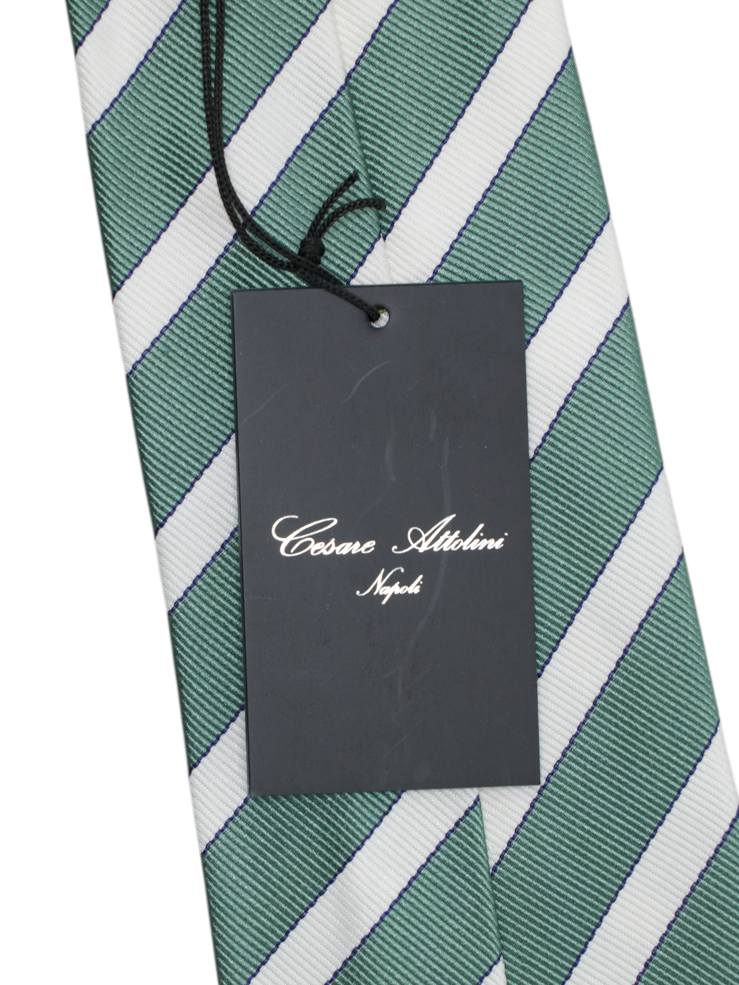 Cesare Attolini Sage Green & White Handrolled Silk Club Stripe Tie