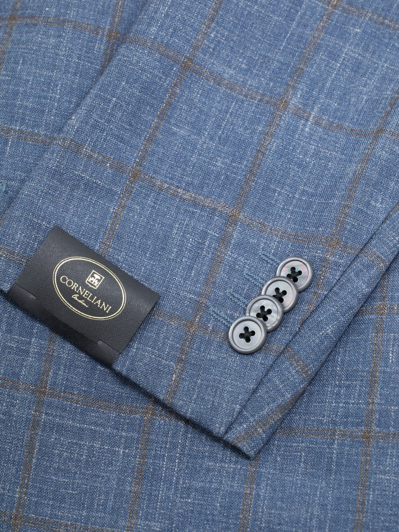 Corneliani Chambray Blue & Brown Wool, Silk & Linen Windowpane Jacket