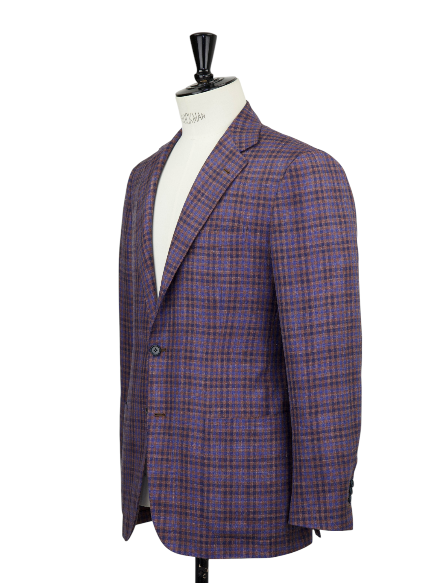 Kiton Light Brown & Azure Blue Cashmere, Silk & Linen Gingham Check Jacket