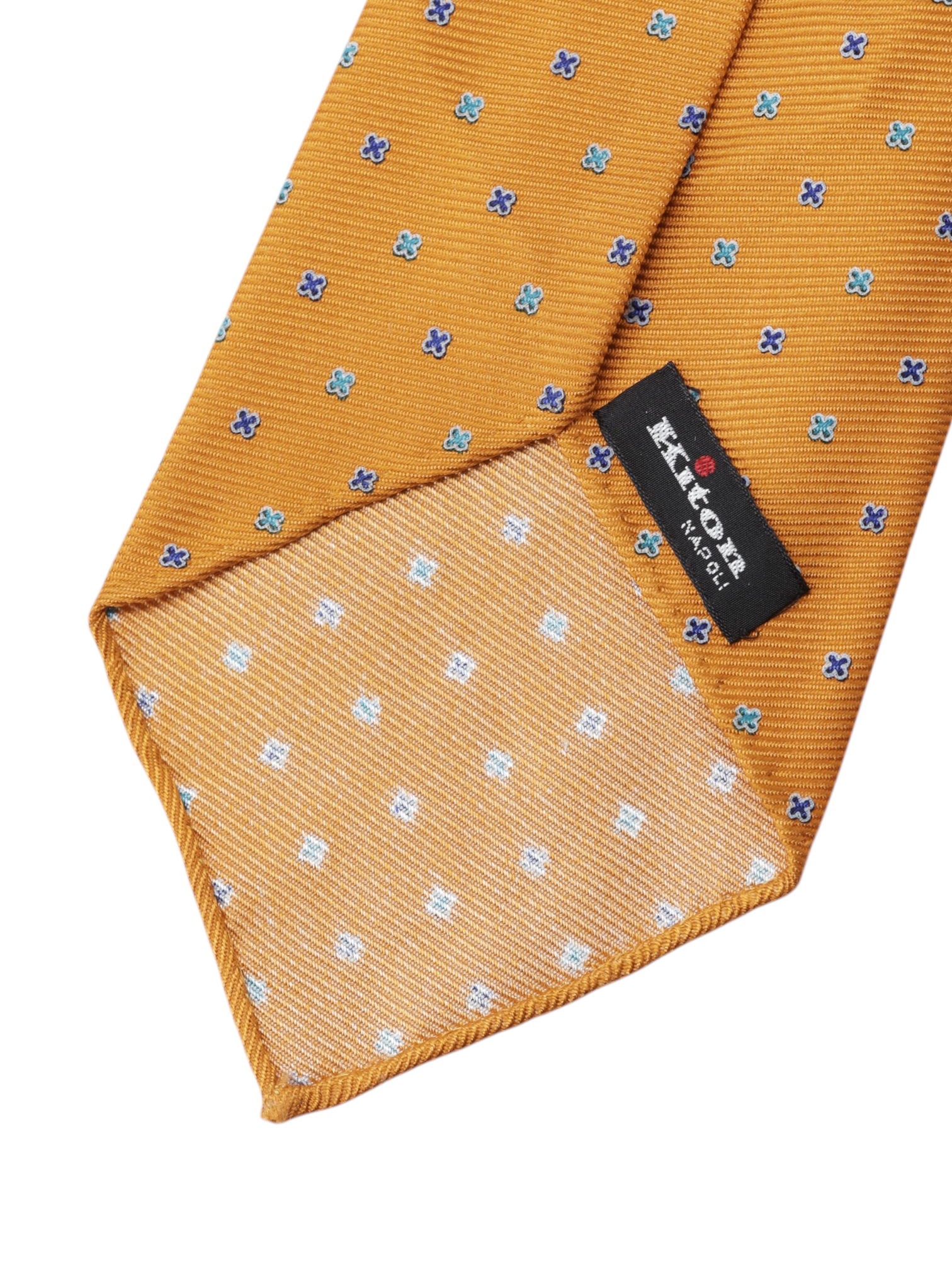 Kiton 5-Fold Orange & Blue Silk Geometric-Pattern Untipped & Handrolled Tie