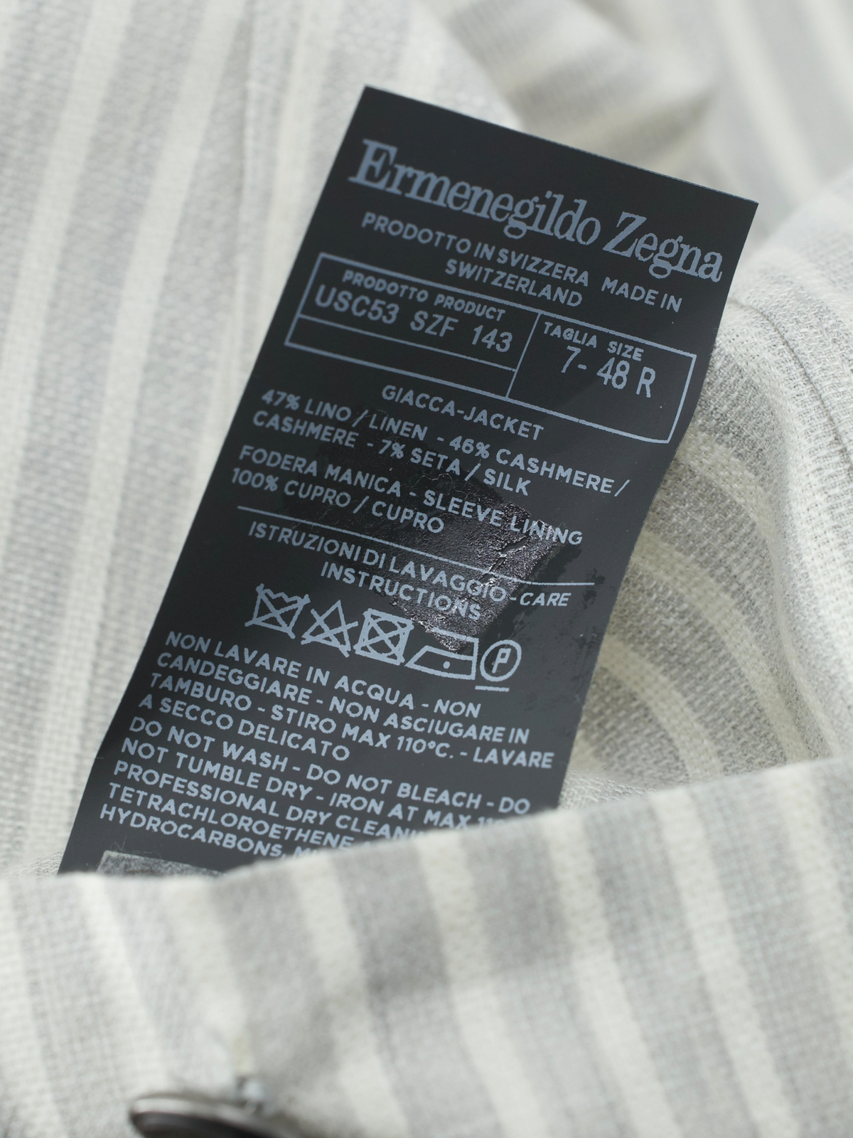 Ermenegildo Zegna Light Grey & White Linen, Cashmere & Silk Striped Riviera Jacket