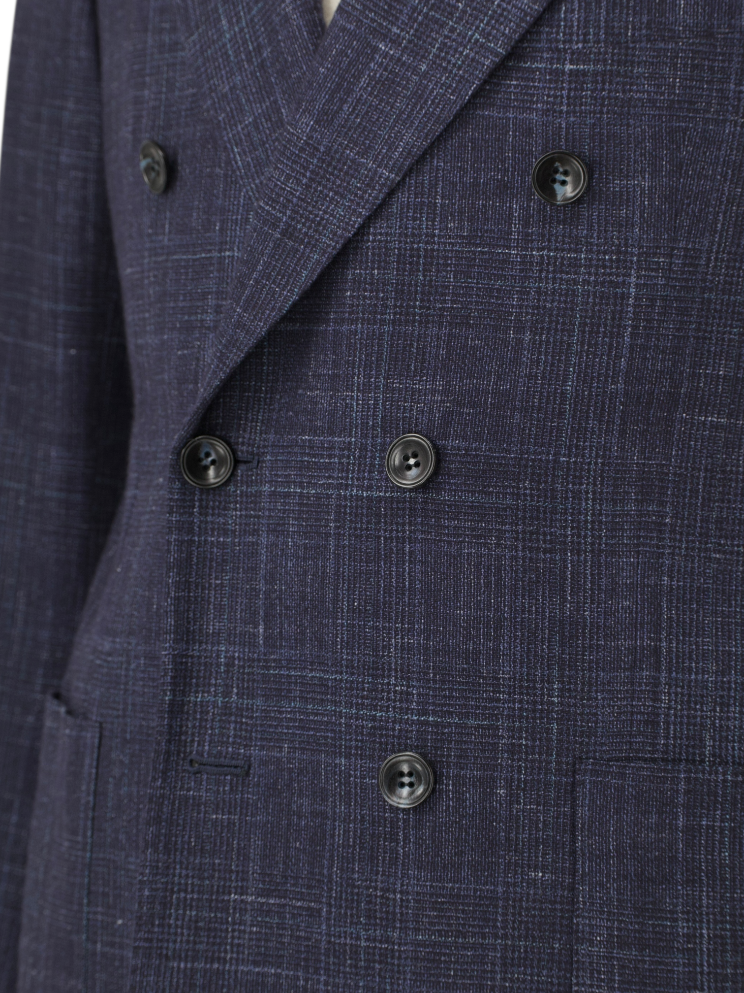 Kiton Dark Blue Cashmere, Wool, Silk & Linen Double Breasted Glenplaid Suit