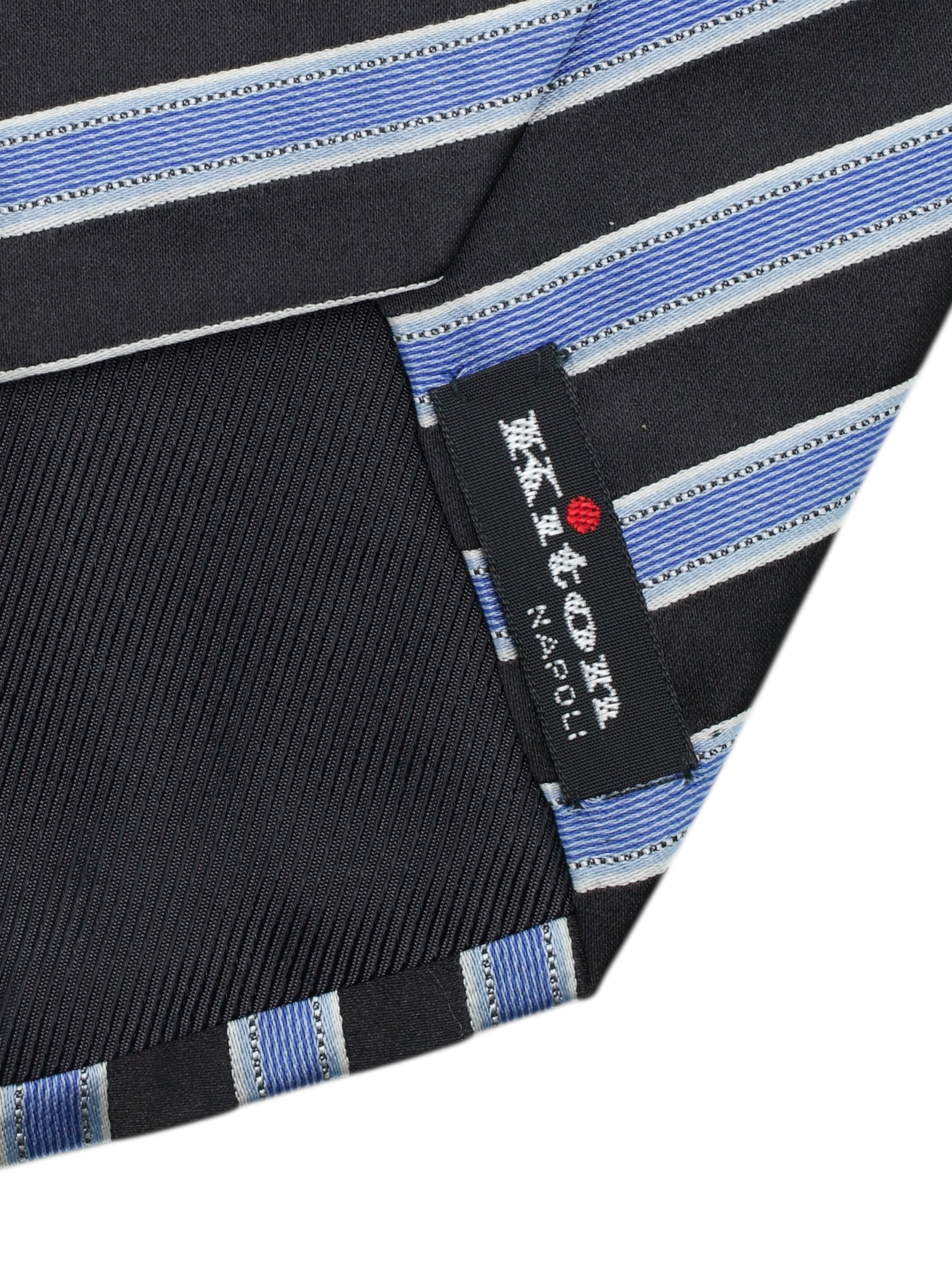 Kiton 5-Fold Black & Light Blue Silk Striped Business Tie