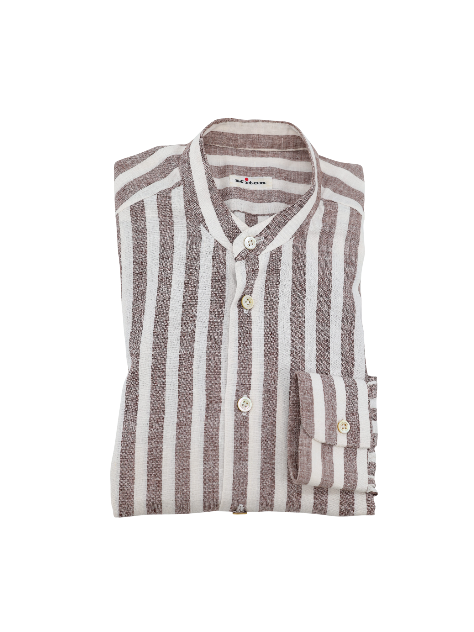 Kiton Brown & White Pure Linen Bengal Stripe Mandarin-Collar Shirt