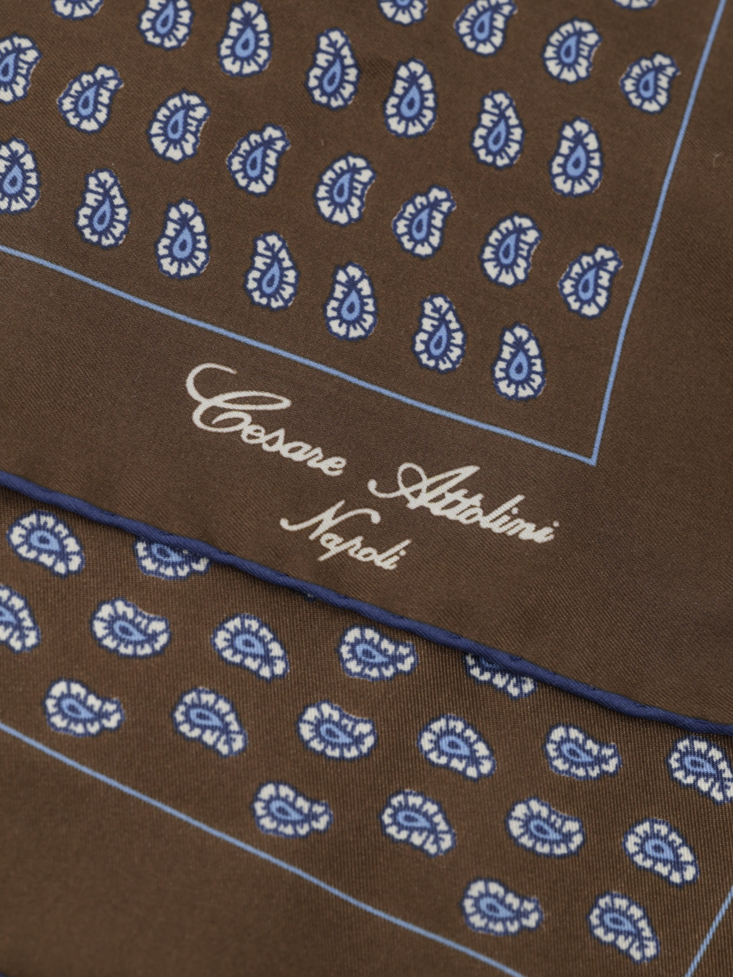 Cesare Attolini Brown & Blue Paisley Handrolled Pocket Square