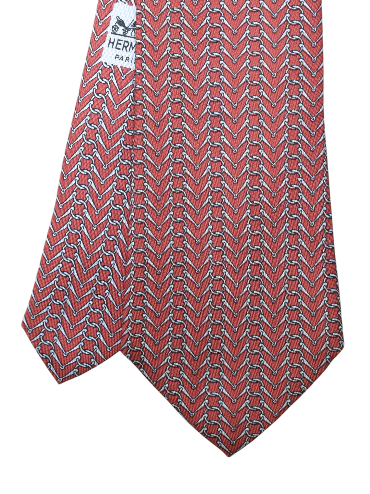 Hermès Coral Red Silk Chain-Pattern Tie