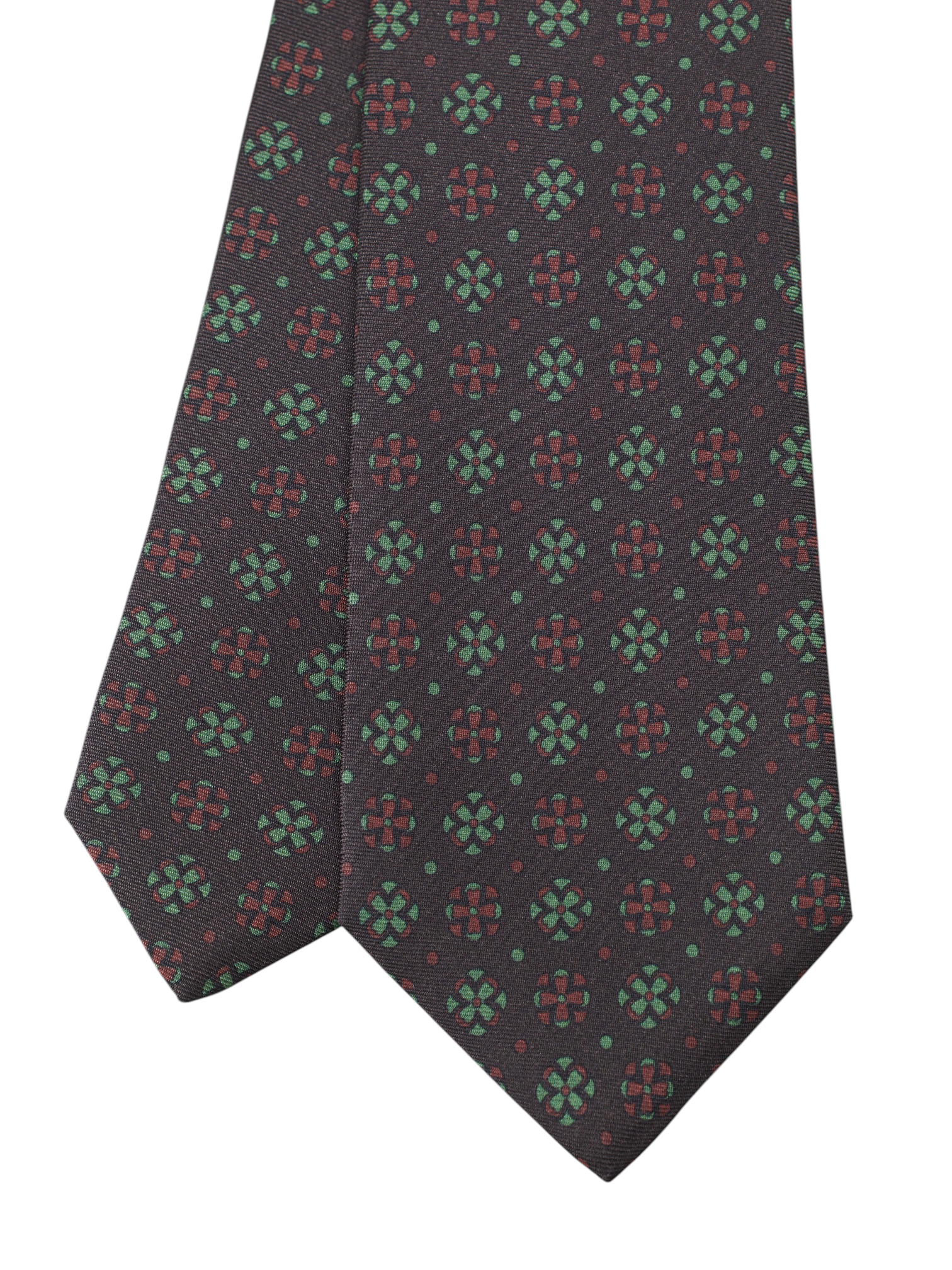 Kiton 5-Fold Dark Brown & Pistache Green Silk Geomteric Floral Tie