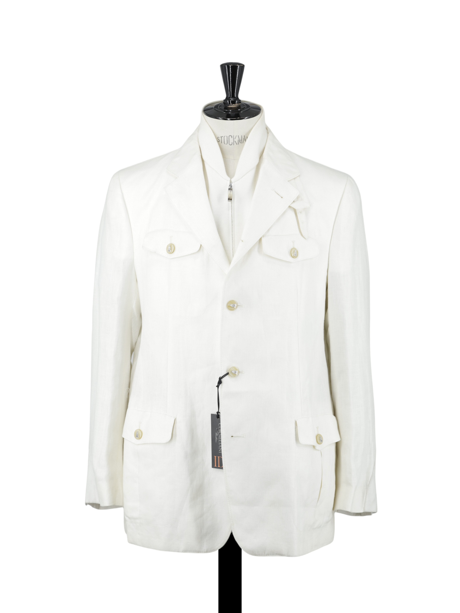 Corneliani ID Offwhite Pure Linen Herringbone Safari-Style Jacket