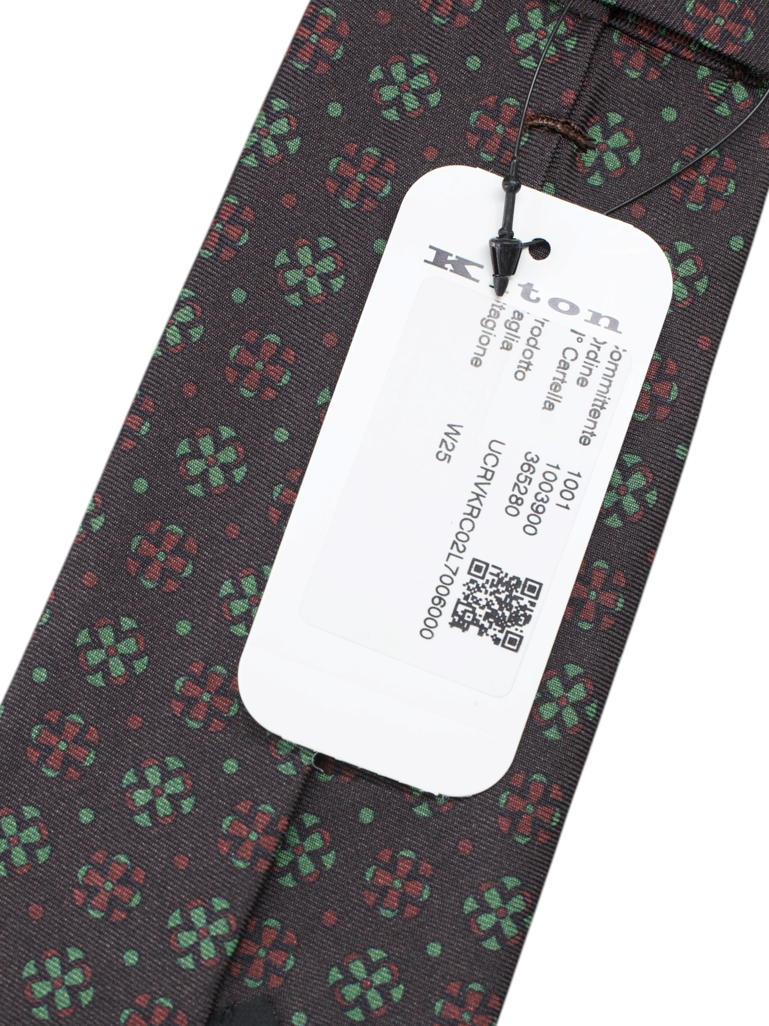 Kiton 5-Fold Dark Brown & Pistache Green Silk Geomteric Floral Tie