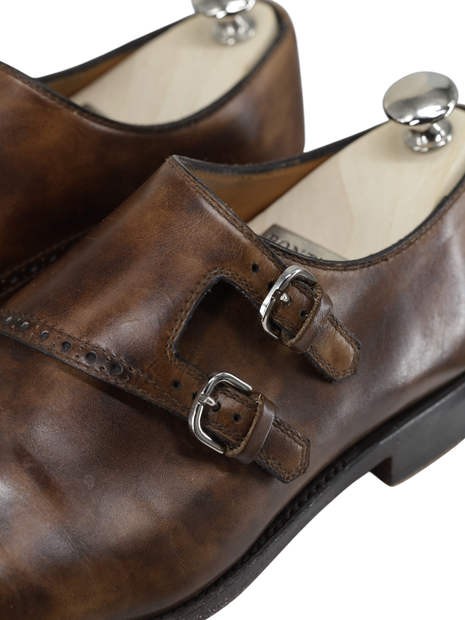 Bontoni Dark Brown Calfleather Perforated Brogue-Style Double Monk + Crocodile Belt