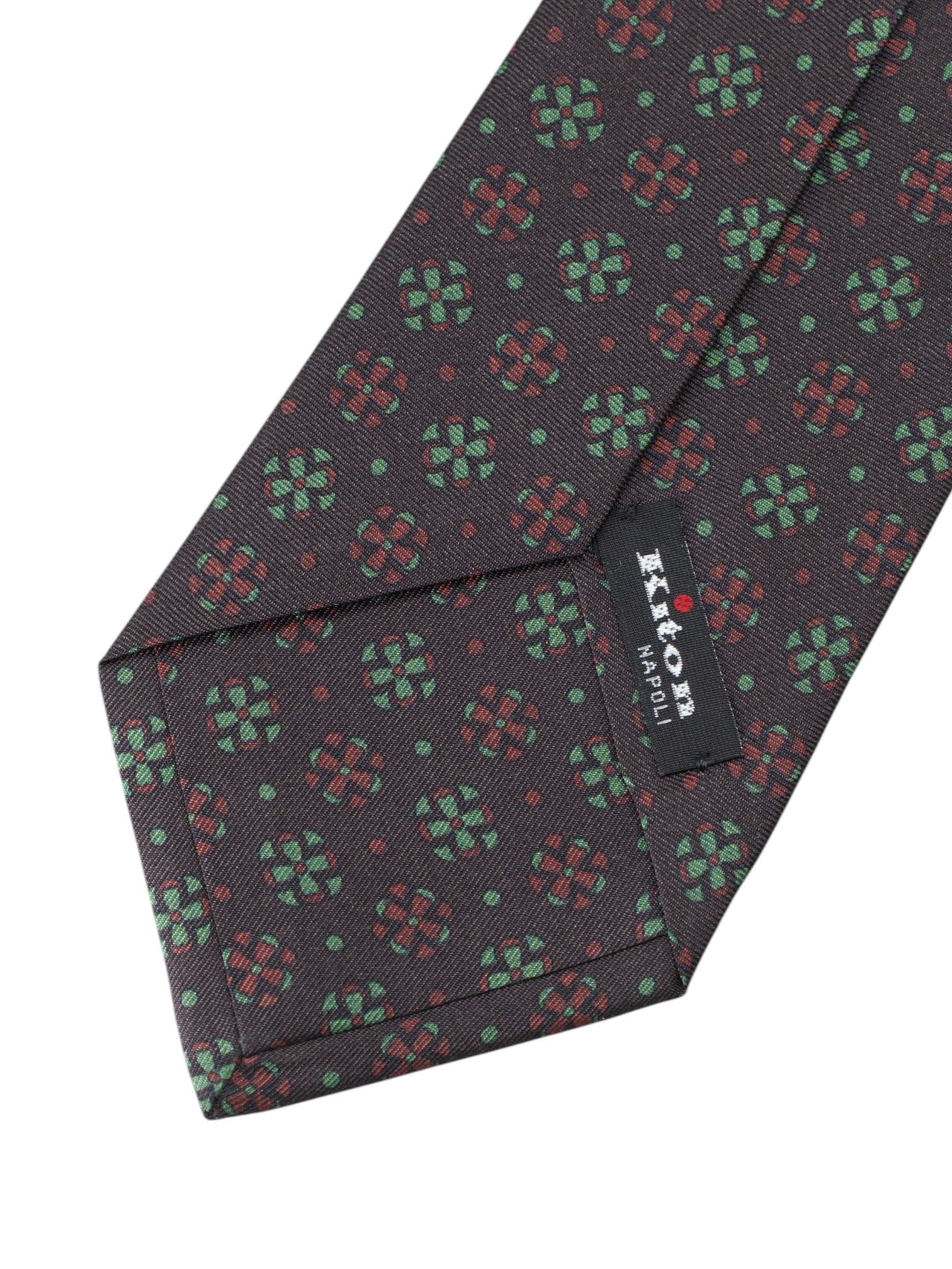 Kiton 5-Fold Dark Brown & Pistache Green Silk Geomteric Floral Tie