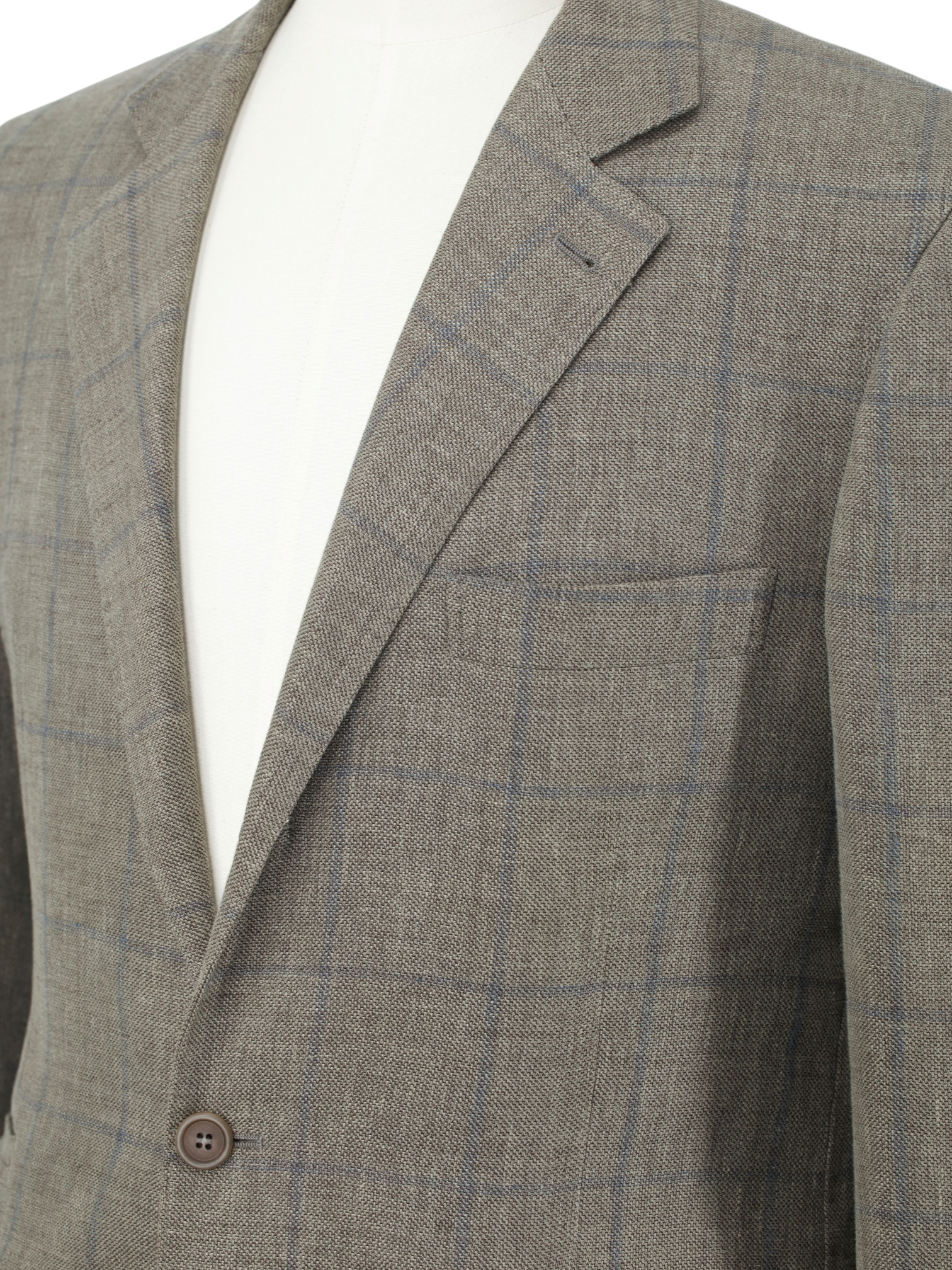 Brunello Cucinelli Light Brown & Chambray Blue Linen, Wool & Silk Windowpane Jacket