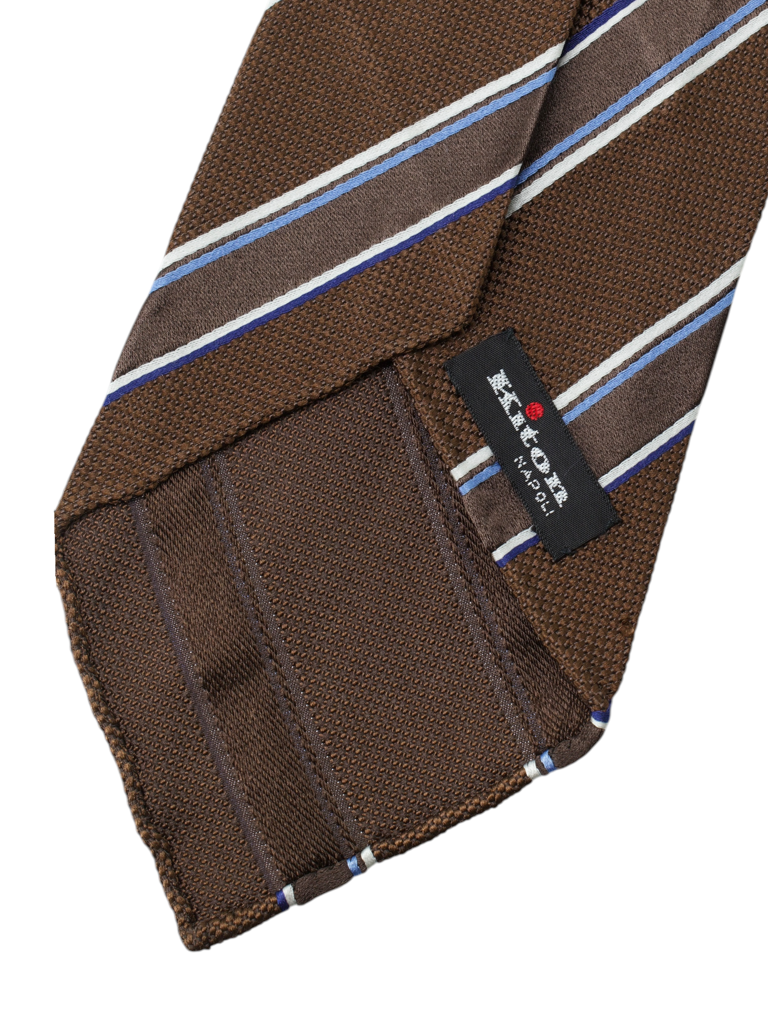 Kiton 5-Fold Dark Brown & Light Blue Silk Mutli-Striped Untipped & Handrolled Tie
