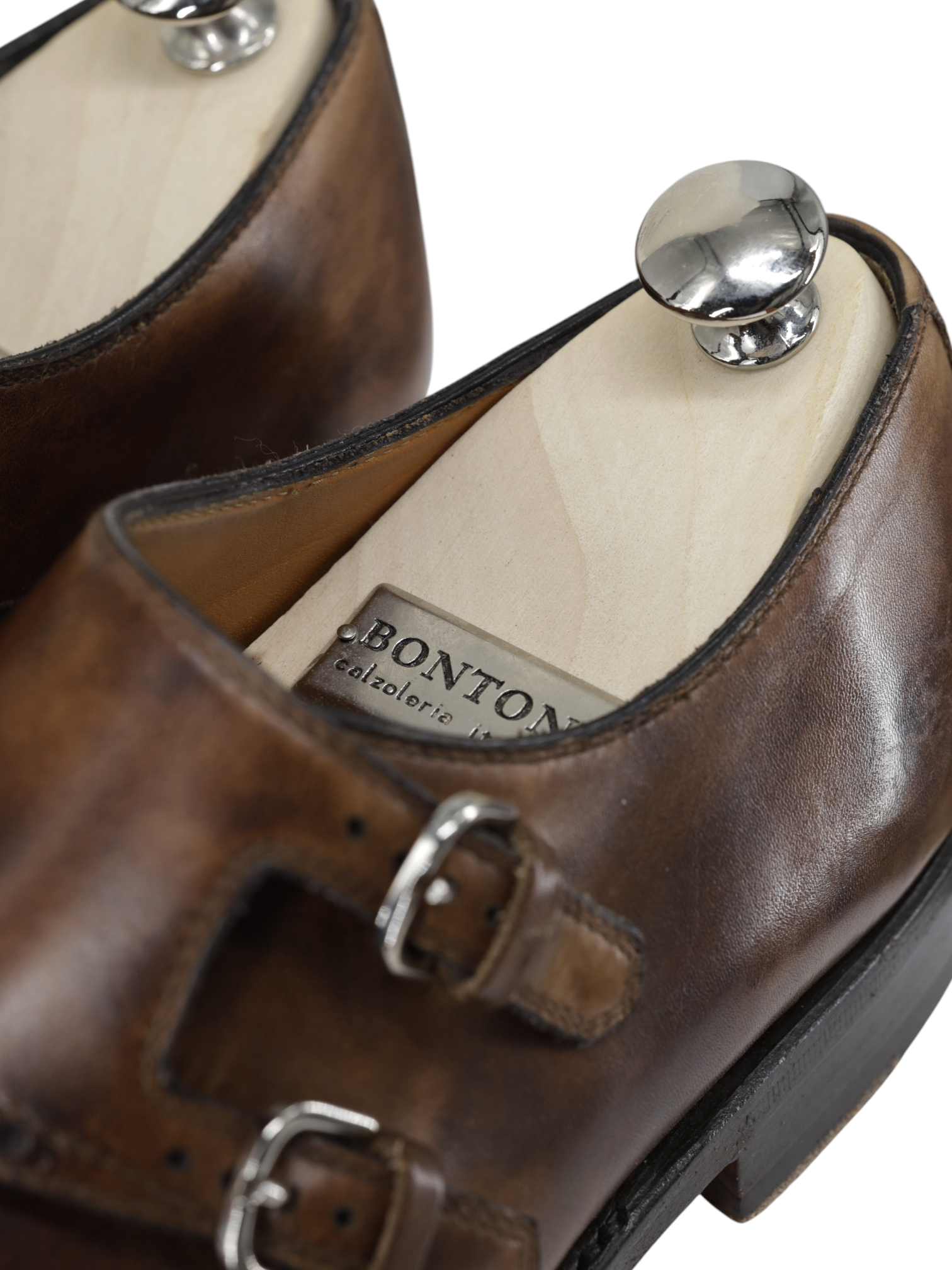 Bontoni Dark Brown Calfleather Perforated Brogue-Style Double Monk + Crocodile Belt