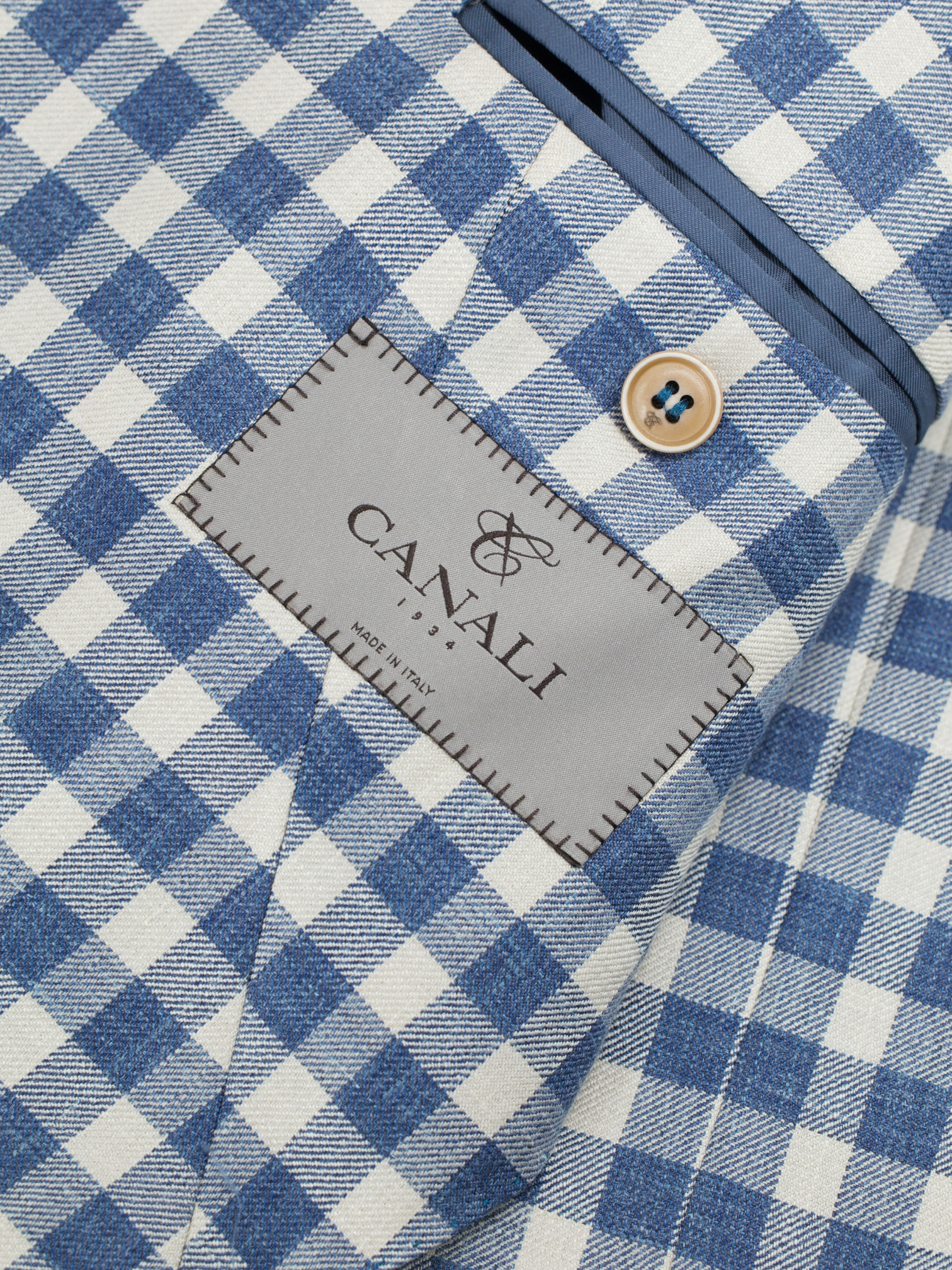 Canali Denim Blue & Ecru Wool & Silk Gingham Check Jacket