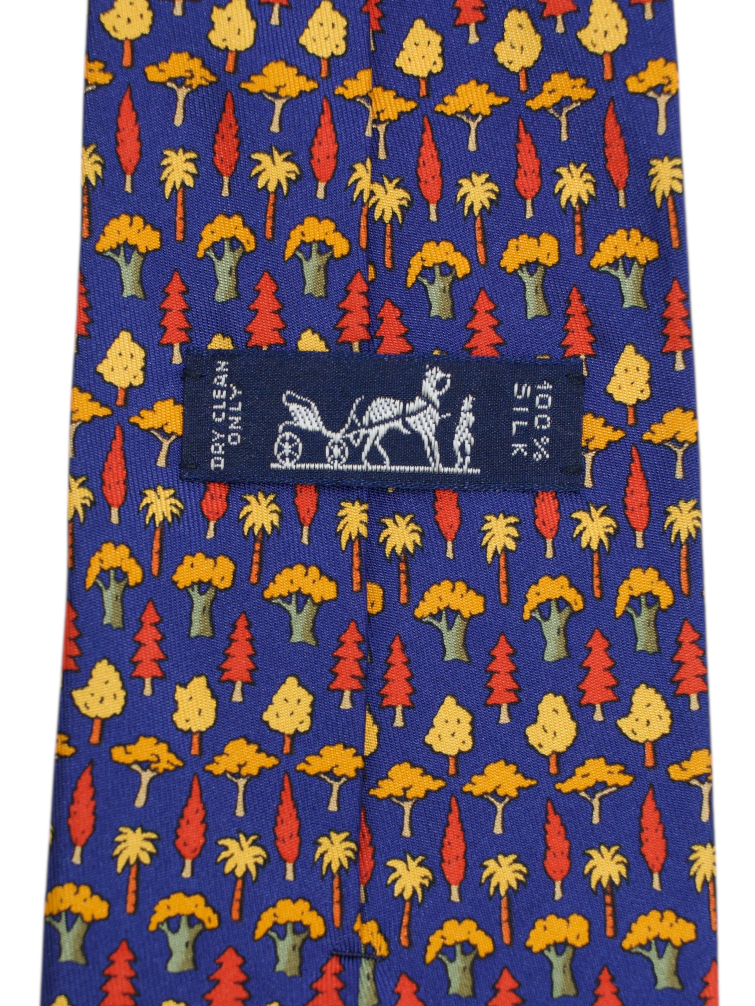 Hermès Dark Blue Multicolor Silk Tree-Pattern Tie