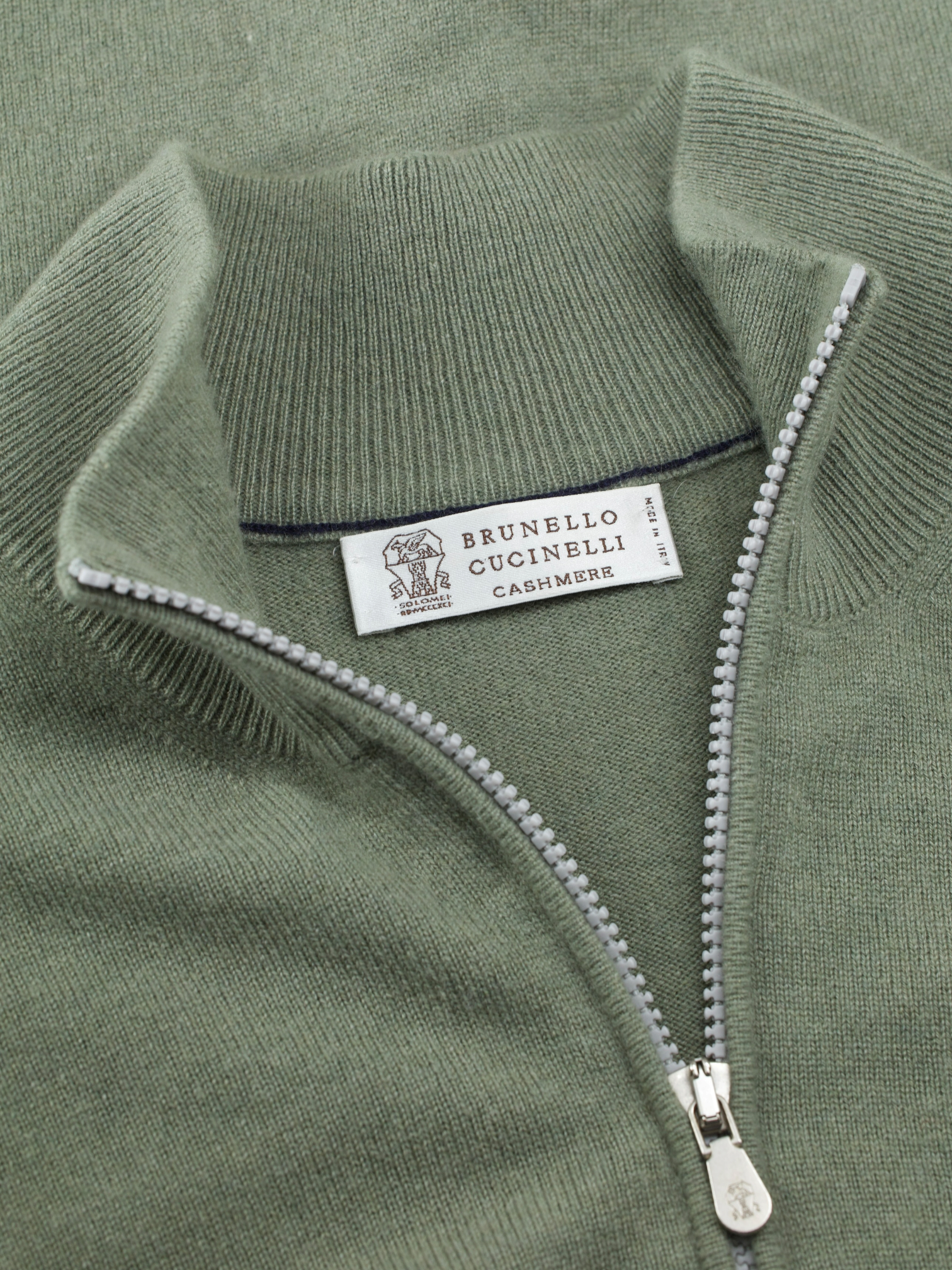 Brunello Cucinelli Sage Green Cashmere Half-Zip Sweater