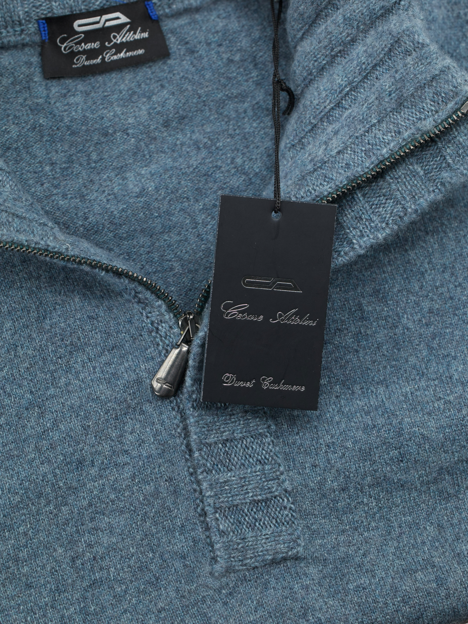 Cesare Attolini Steel Blue Duvet Cashmere Half-Zip Knitwear