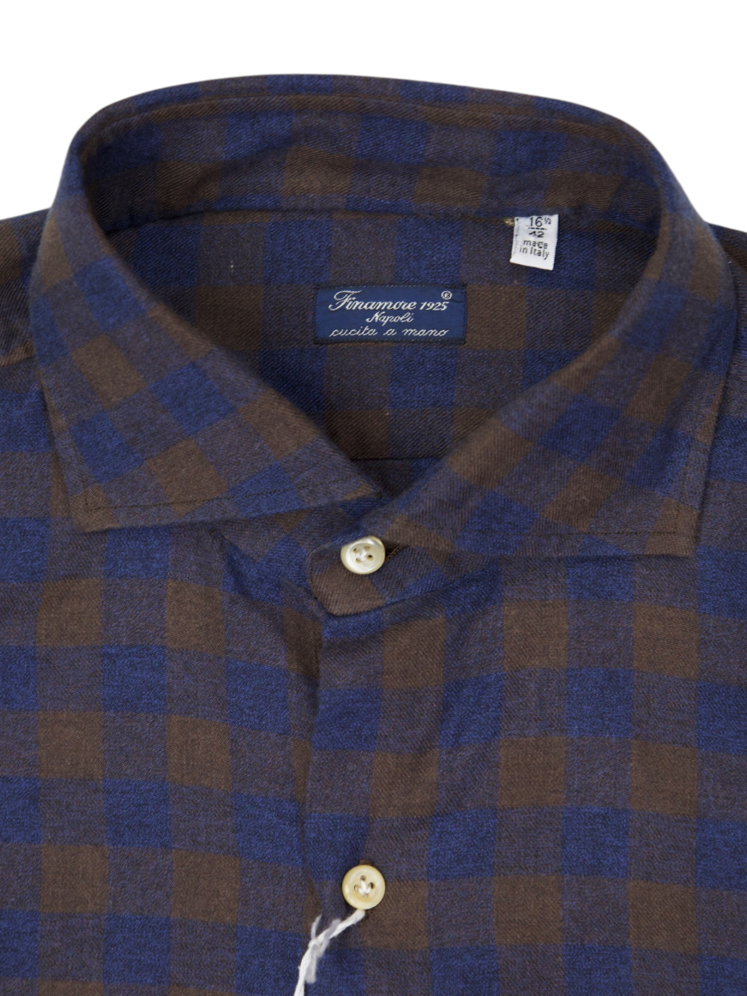 Finamore Navy & Chocolate Brown Cotton-Flannel Checkered Shirt