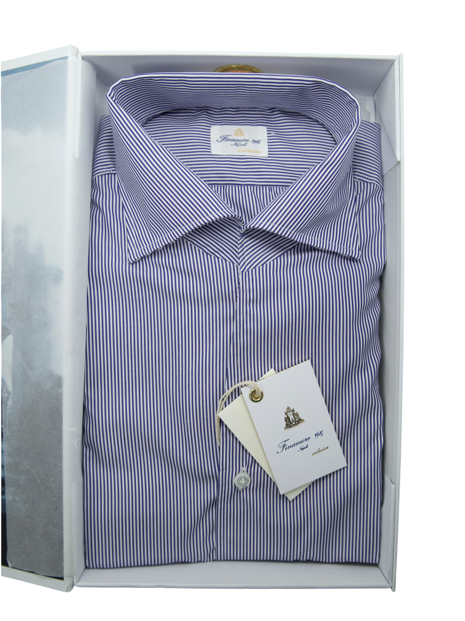 Finamore Esclusiva Blue Cotton Handmade One-Piece-Collar Pinstripe Shirt