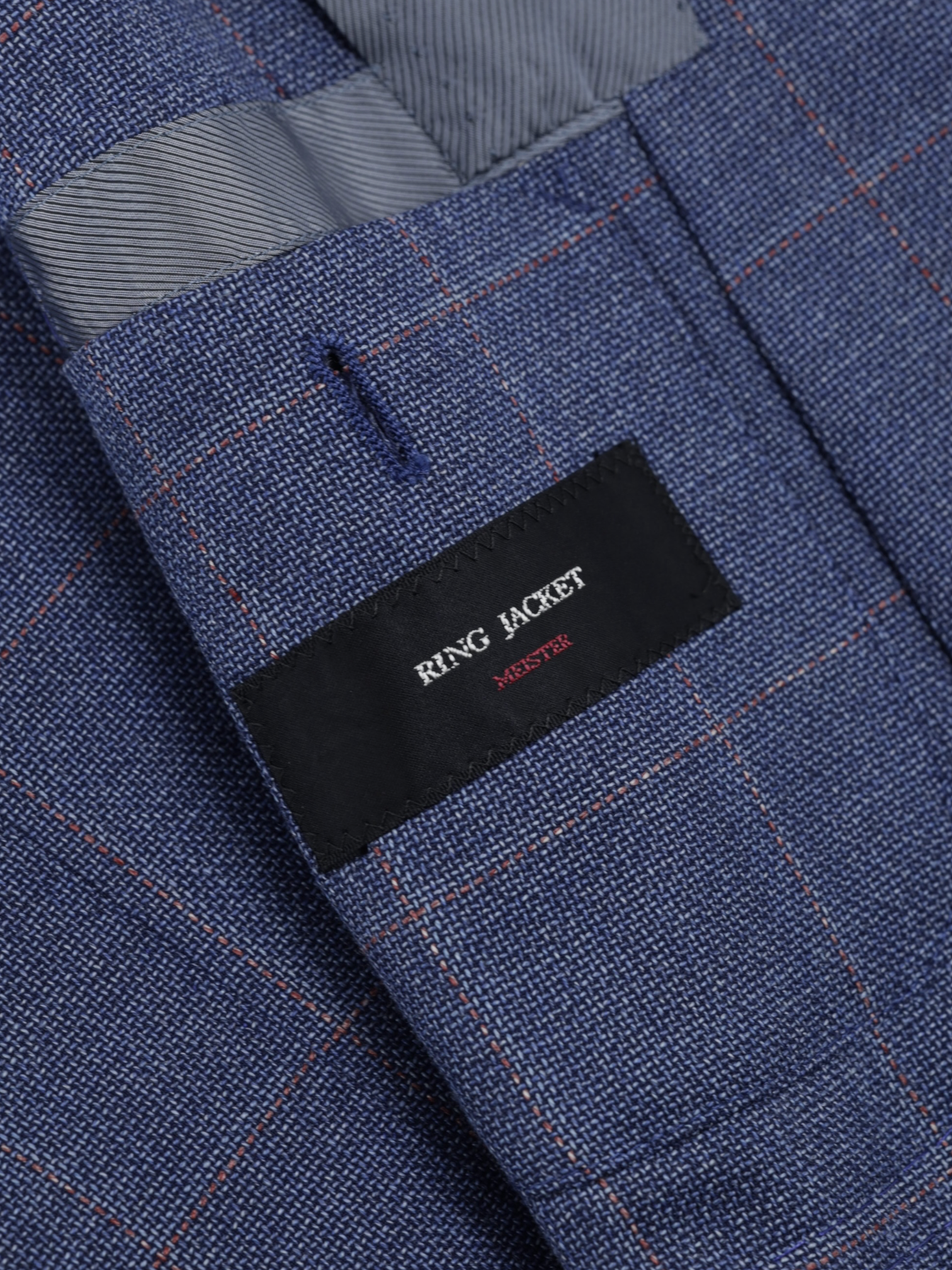 Ring Jacket Blue & Red Wool Basket-Weave "Meister" Windowpane Jacket