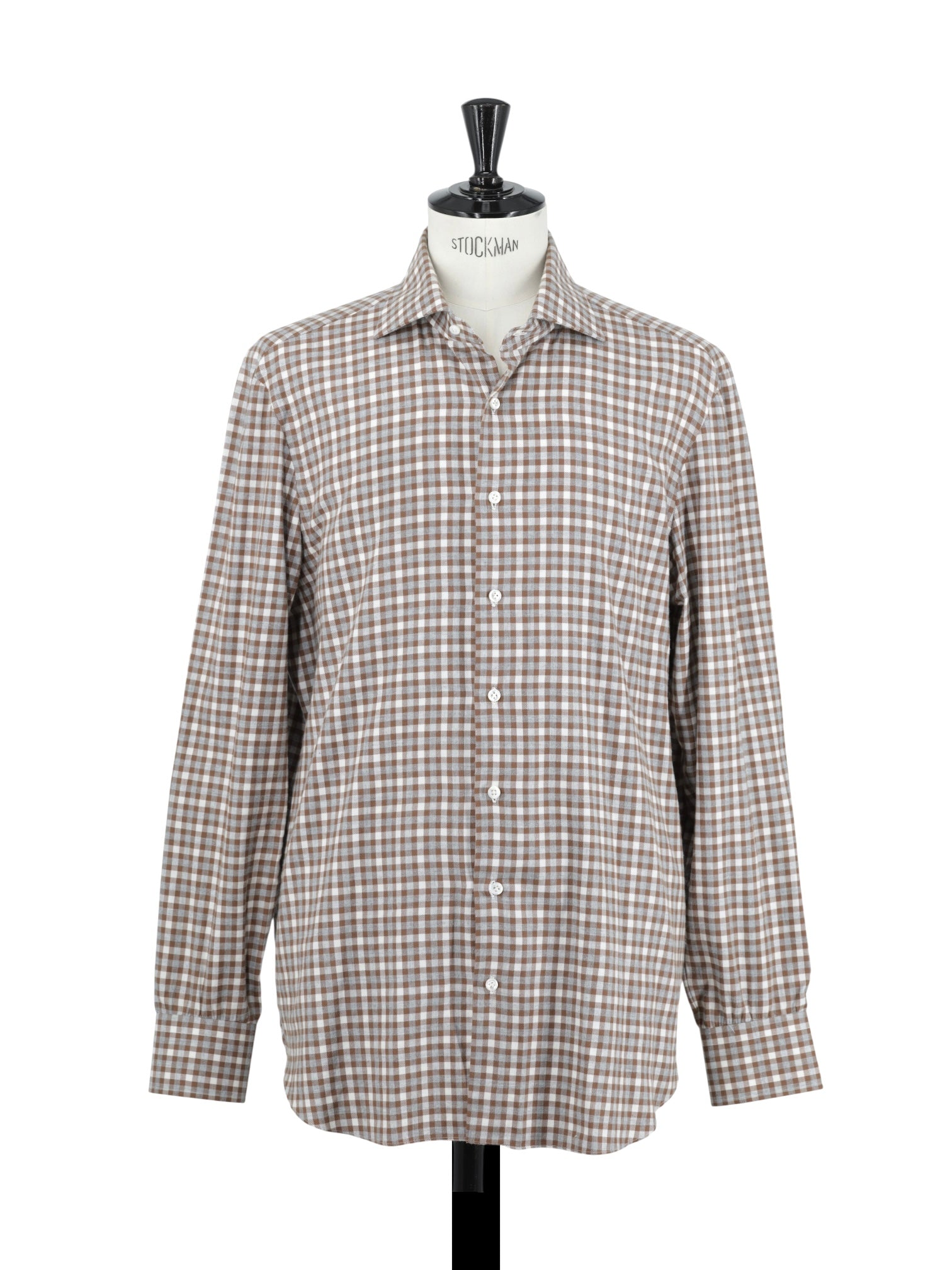 Cesare Attolini Ecru & Brown Cotton & Cashmere Flannel Checkered Shirt