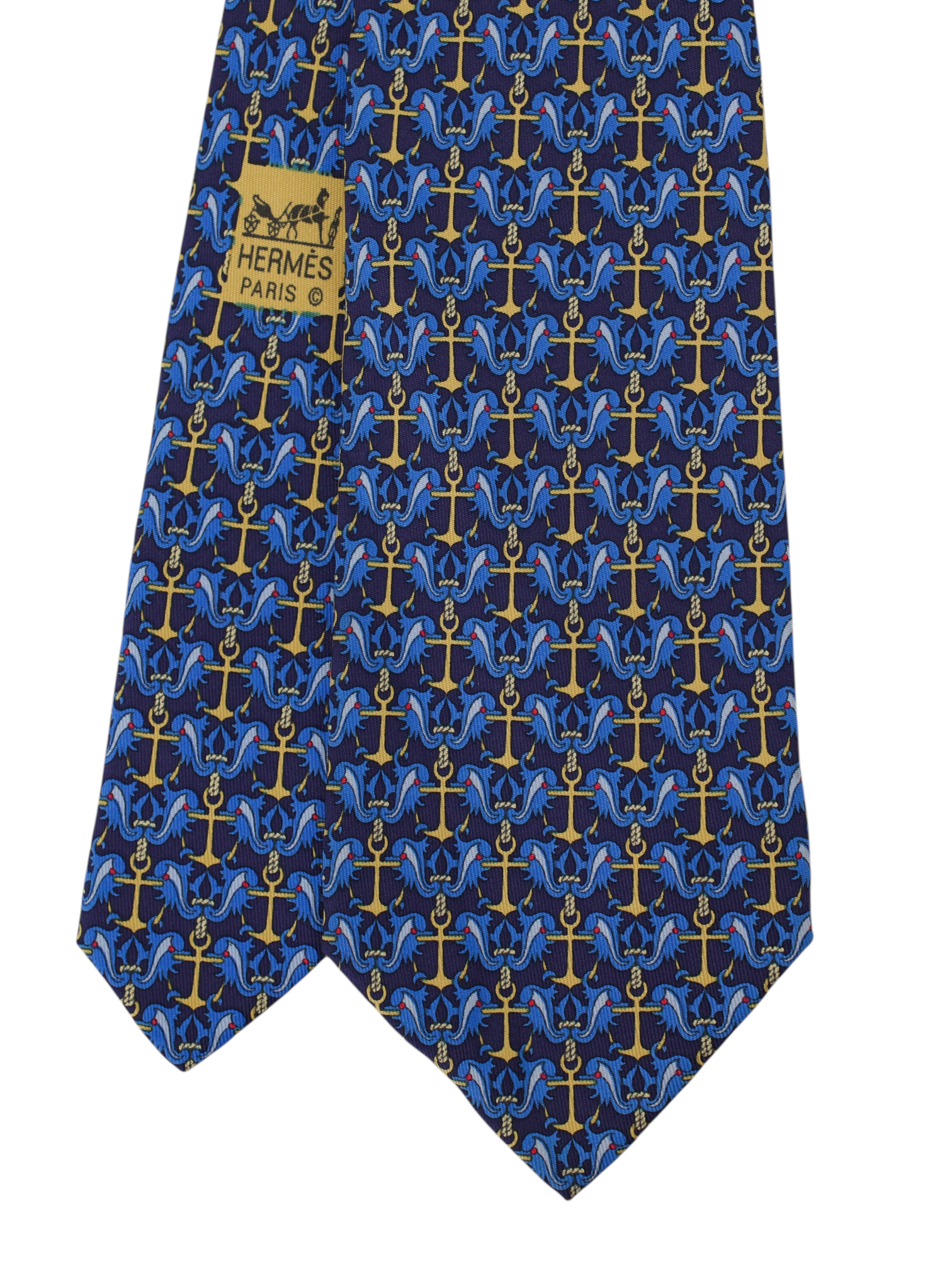 Hermès Navy & Gold Anchors Silk Blue Dolphin Tie