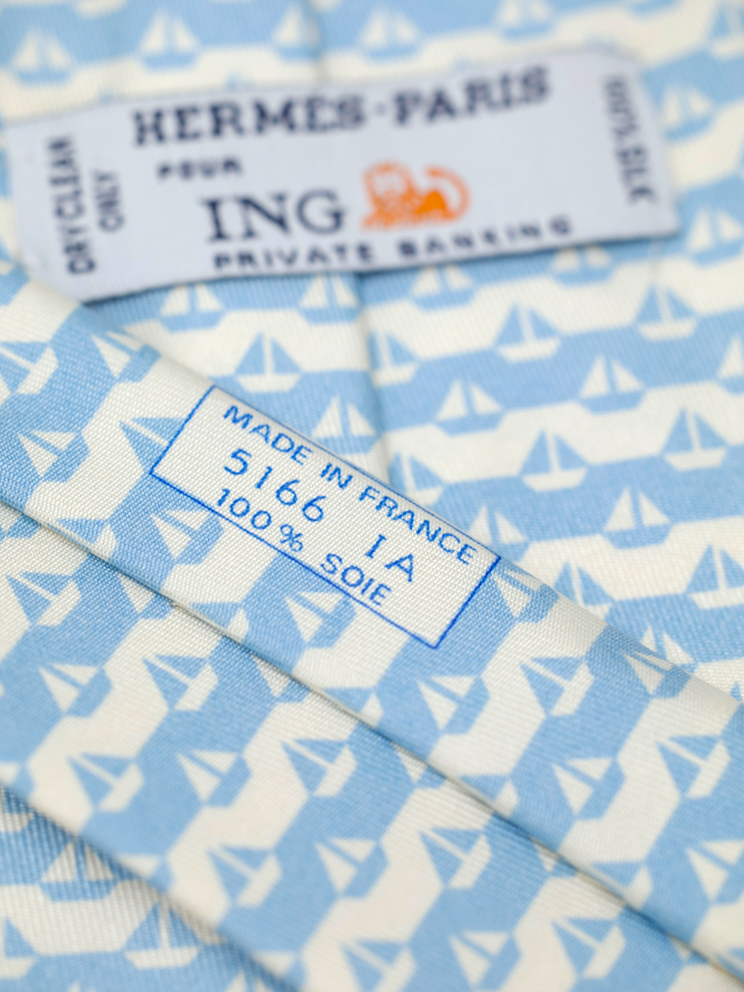 Hermès x ING Private-Banking Ecru & Light Blue Silk Sailing Boat-Pattern Tie