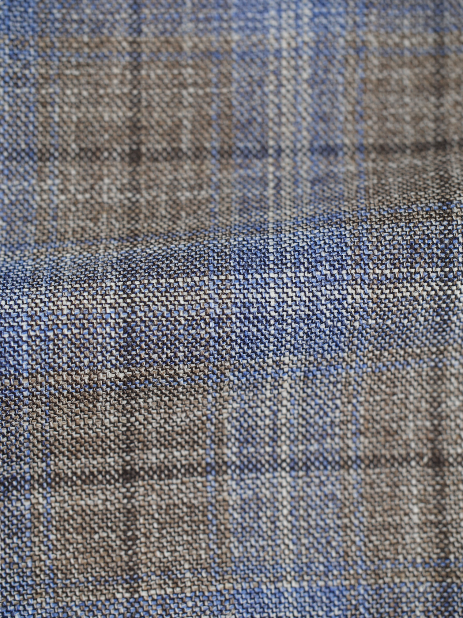 Kiton Taupe & Light Blue Fleece Wool, Silk & Linen Windowpane Jacket