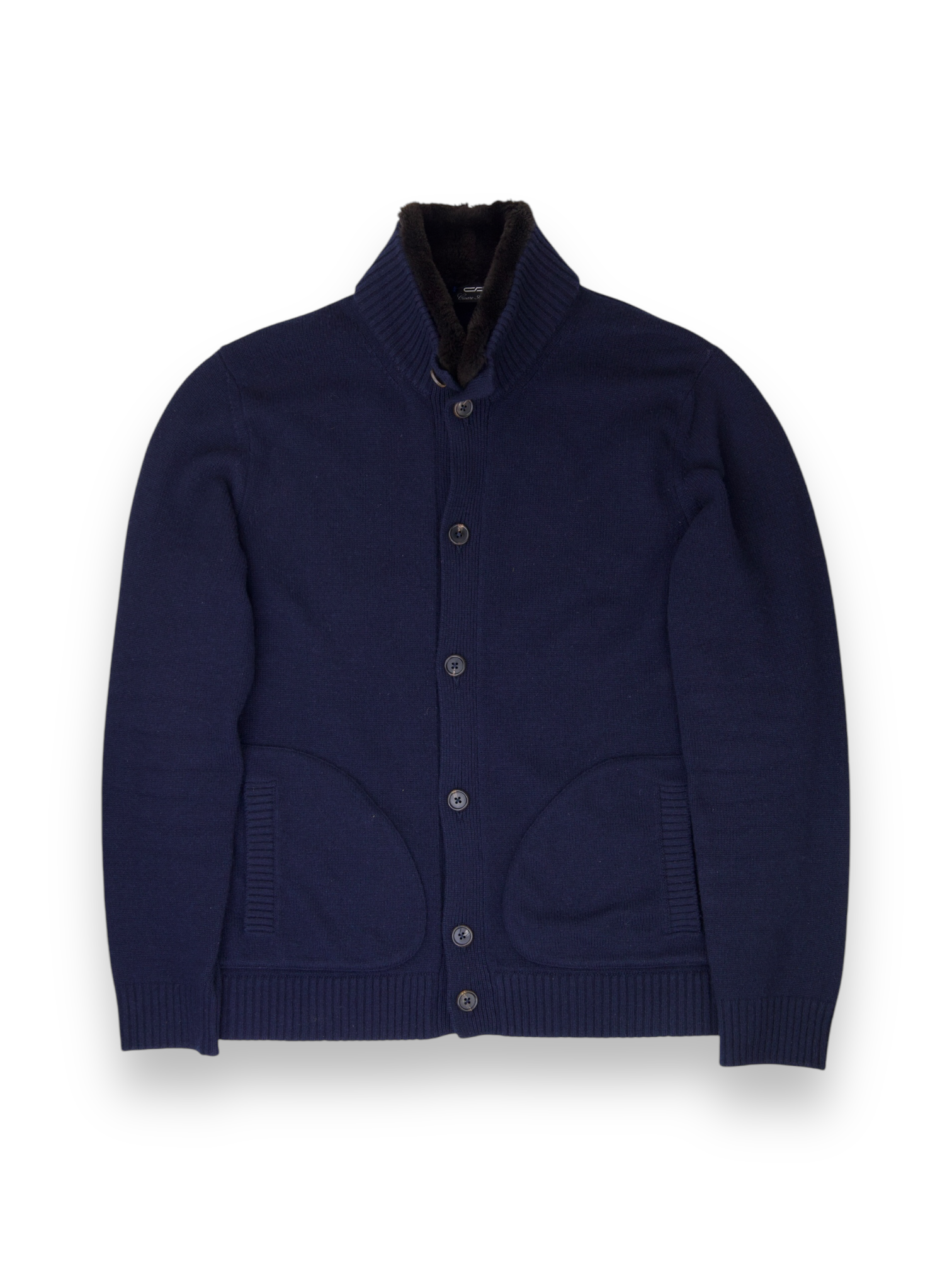 Cesare Attolini Navy Cashmere & Castorino Fur-Collar Sweater