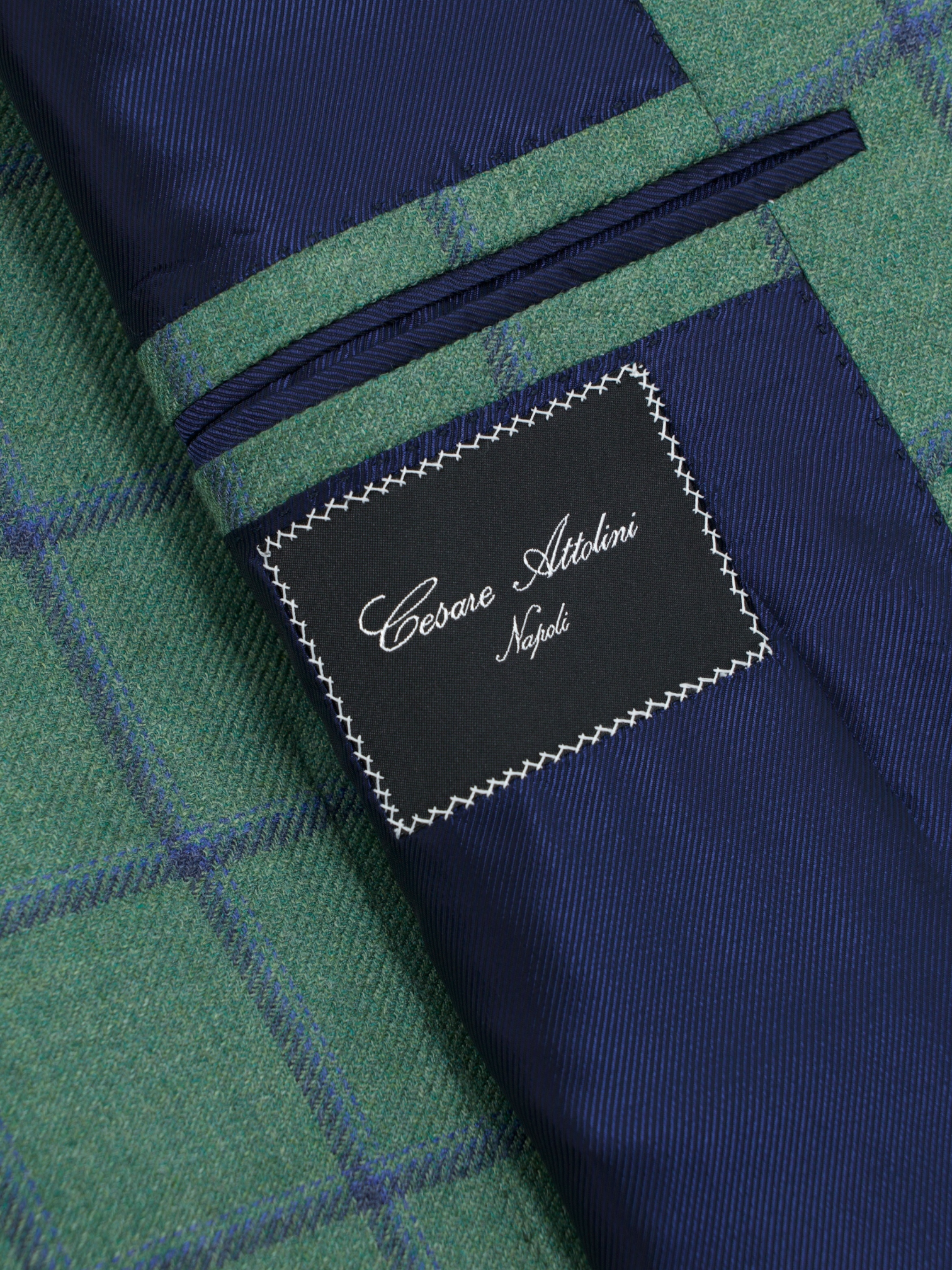 Cesare Attolini Light Green & Blue Cashmere Silk Blend Windowpane Jacket
