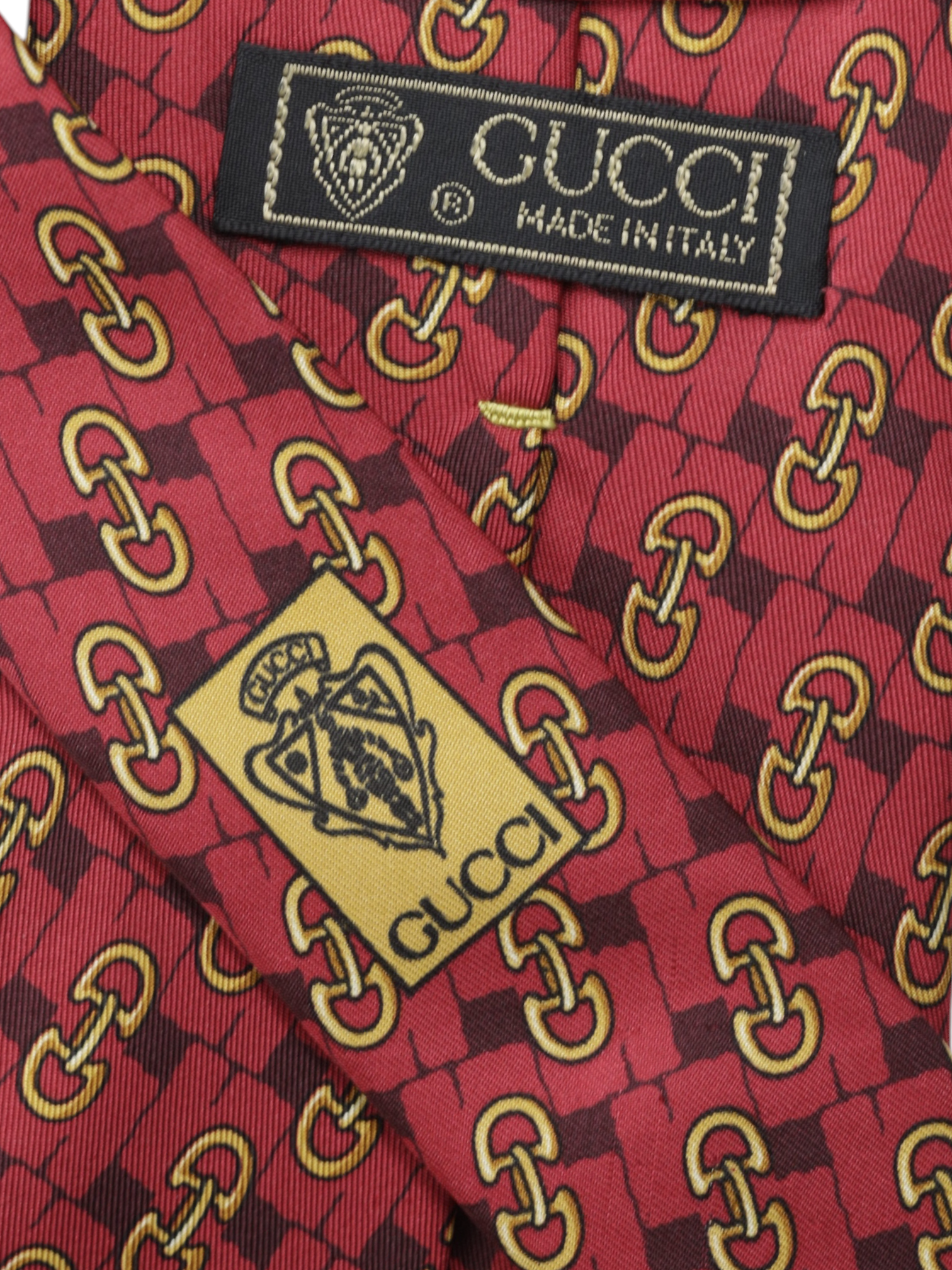 Gucci Red & Gold Silk Vintage Horsebit Pattern Tie