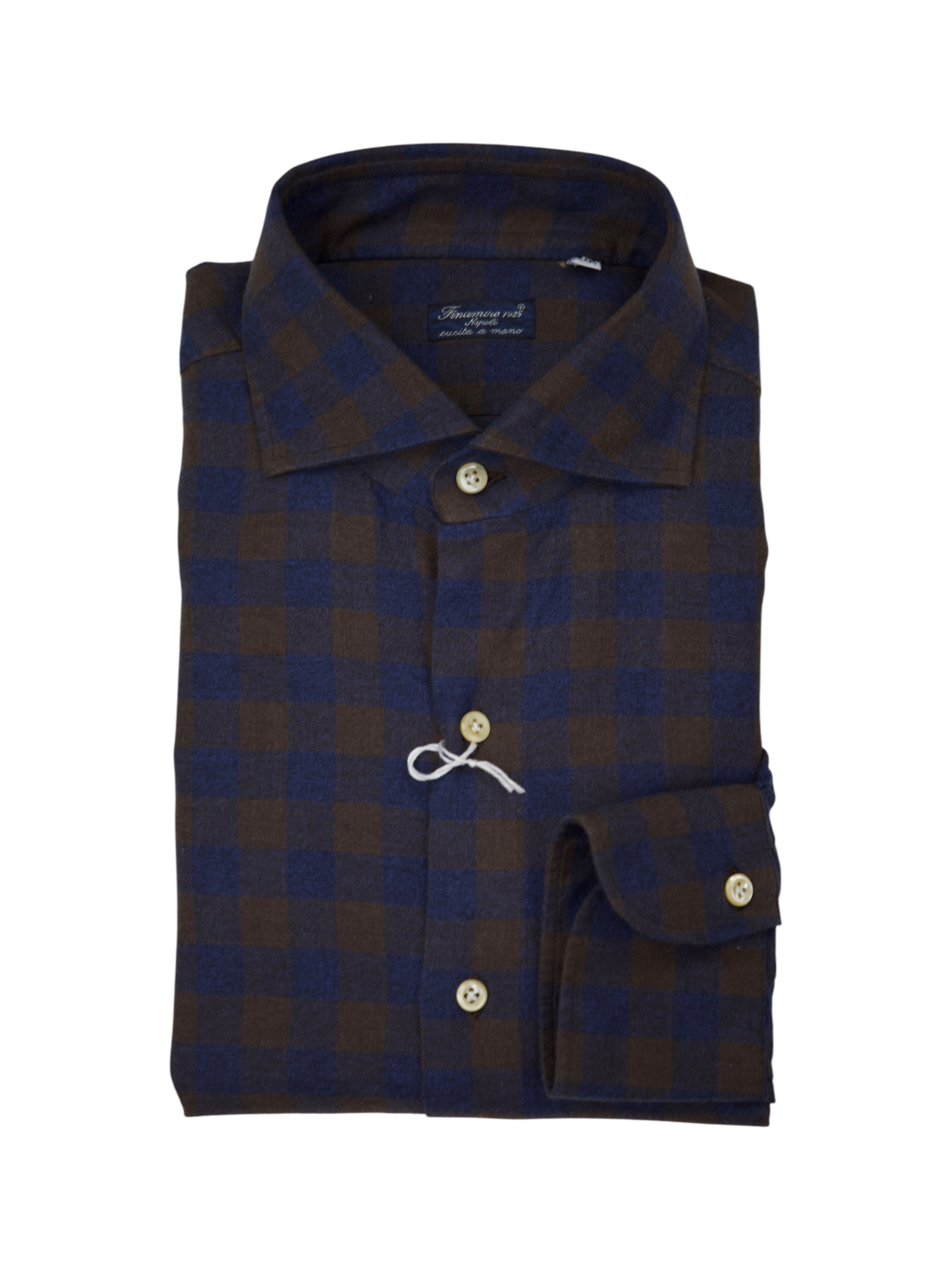 Finamore Navy & Chocolate Brown Cotton-Flannel Checkered Shirt