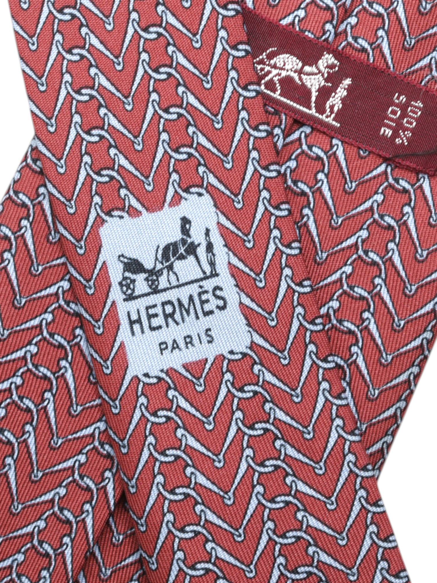 Hermès Coral Red Silk Chain-Pattern Tie
