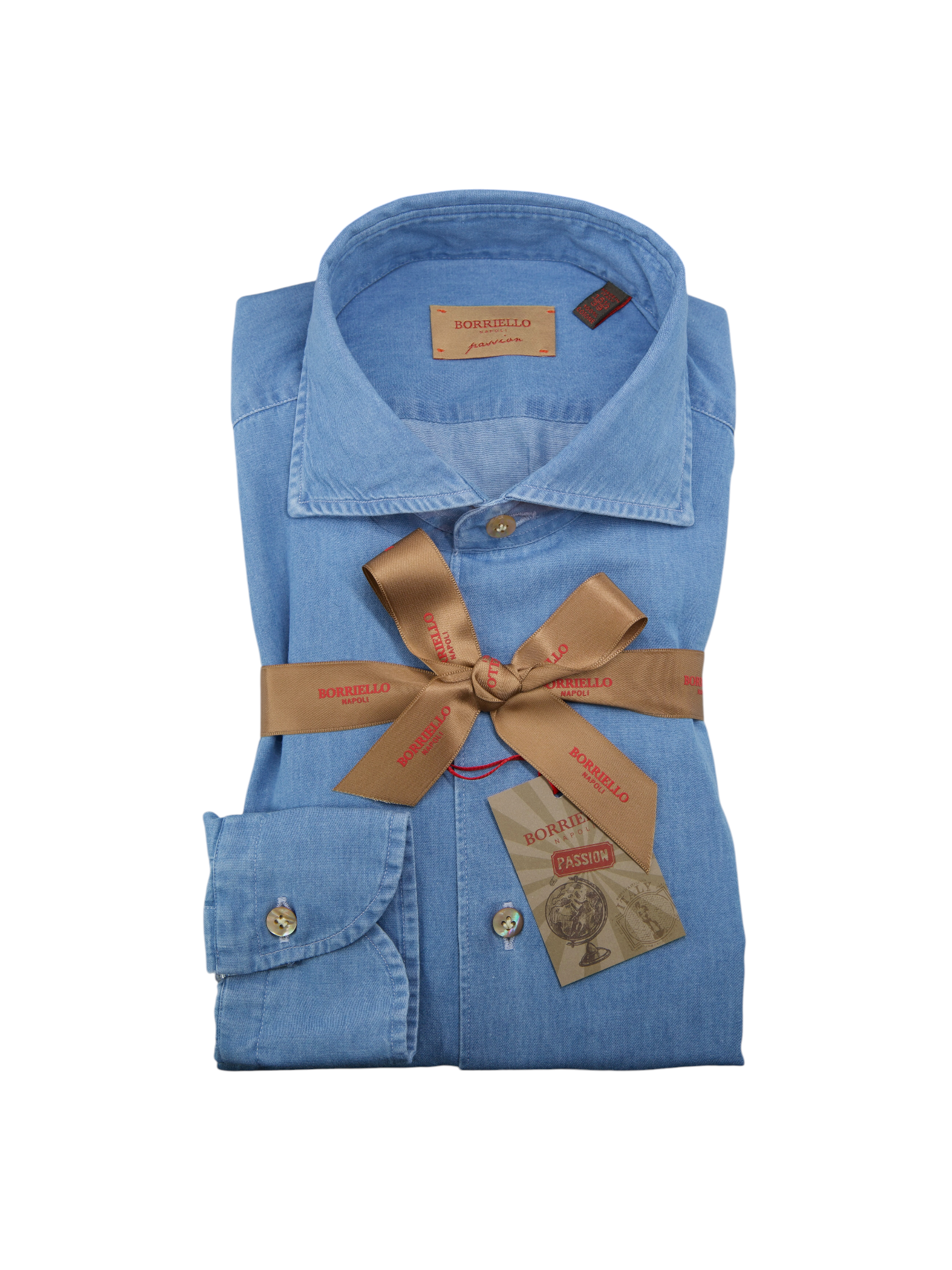 Borriello Napoli Light Blue Indigo-Cotton "Marechiaro" Spread-Collar Shirt