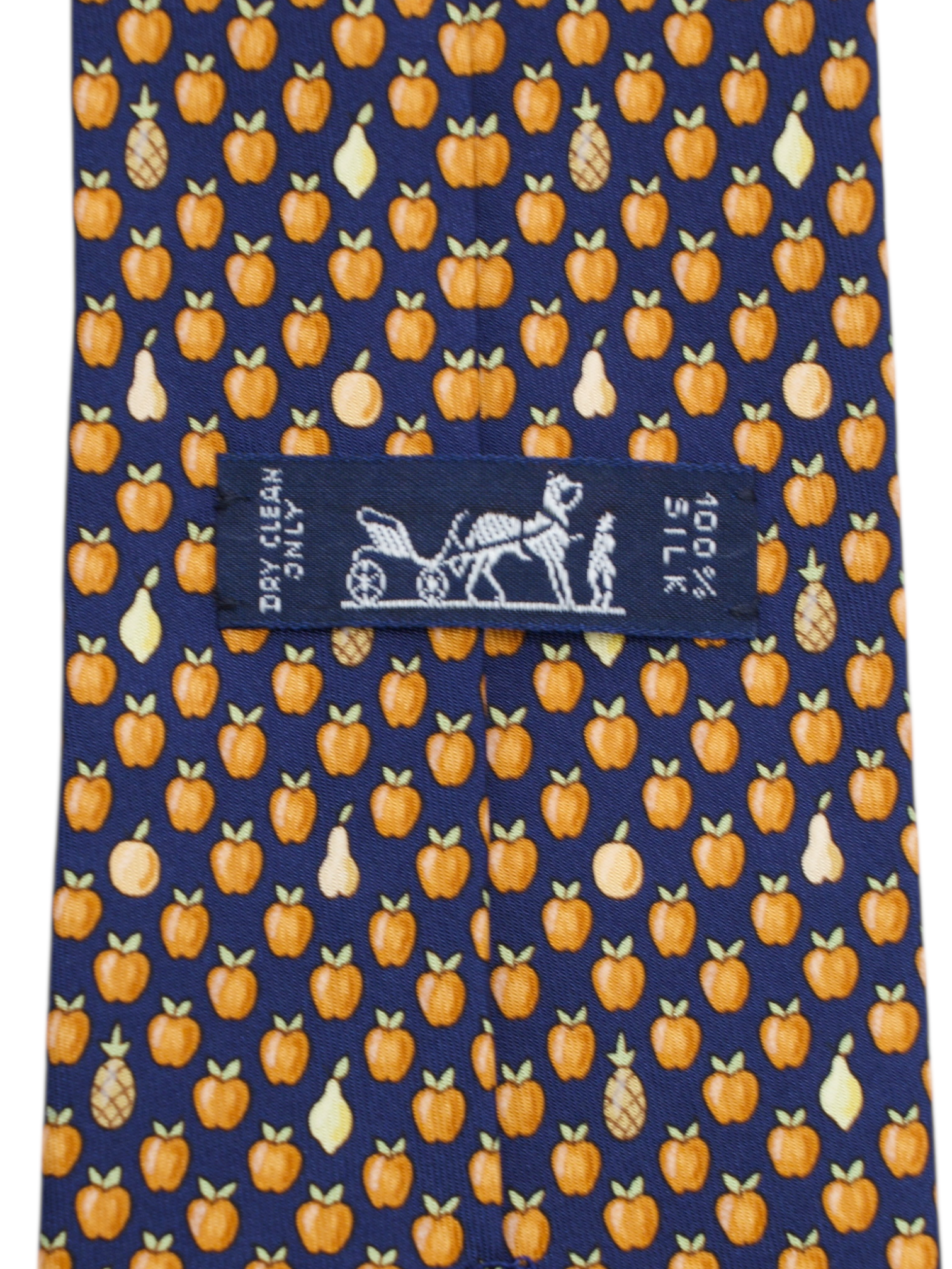 Hermès Navy & Orange Silk Apple & Pear Pattern Tie