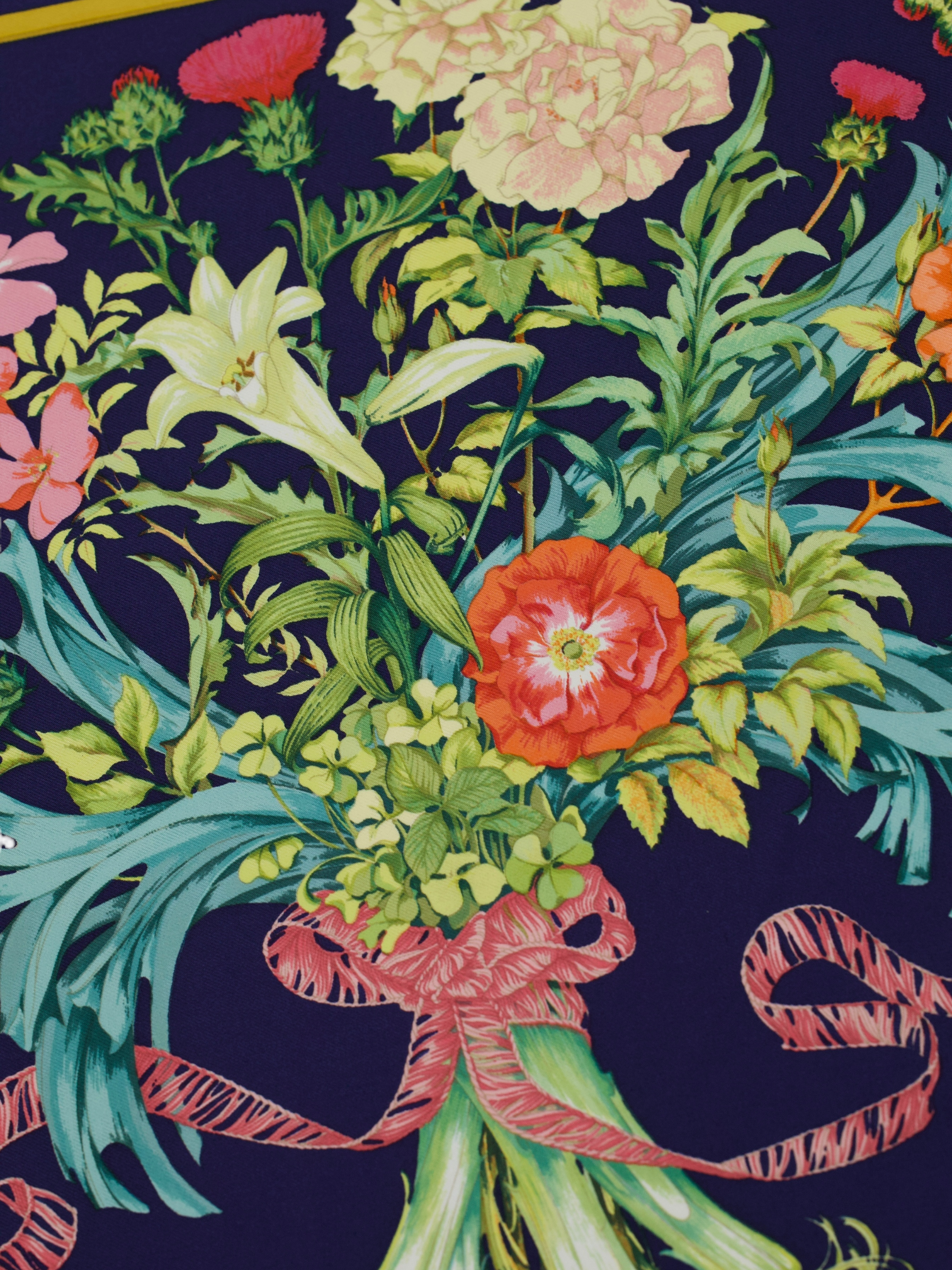 Hermès Navy Multicolor Silk Floral Ribbon “Regina” Pocket Square