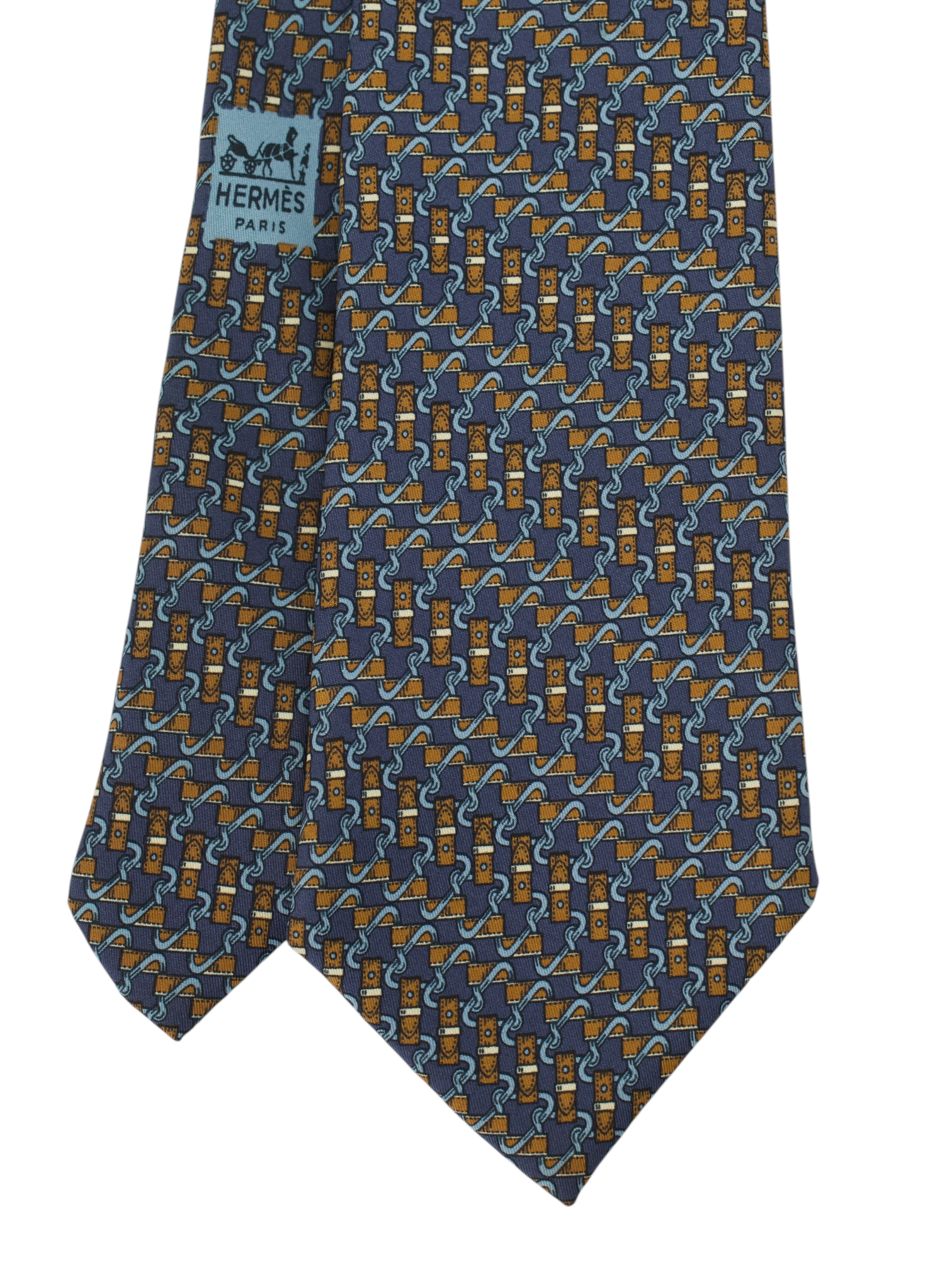 Hermès Navy & Bronze Silk Hardware Chain-Motif Tie