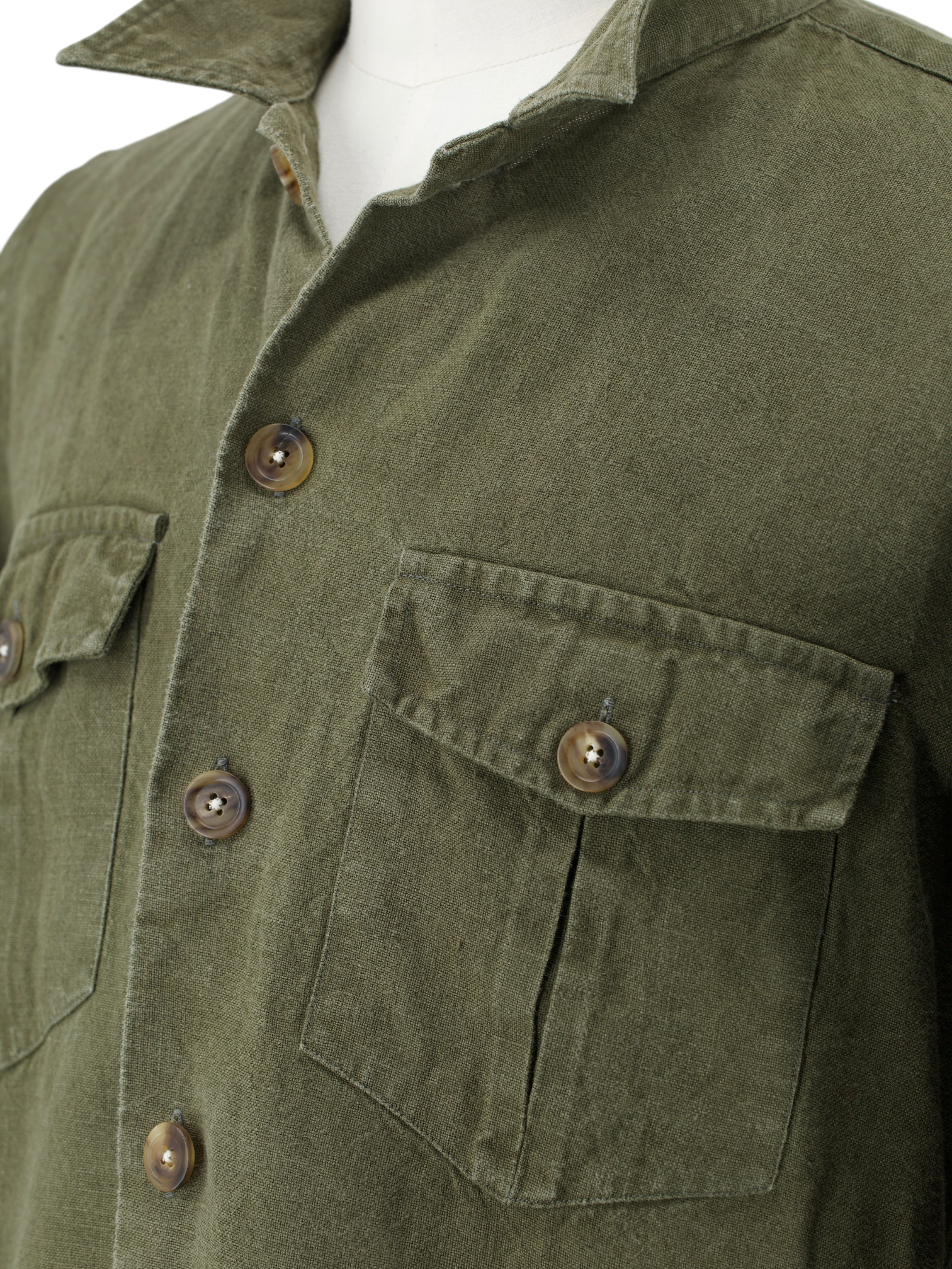 Drake's Olive Green Pure Linen Military-Style Overshirt