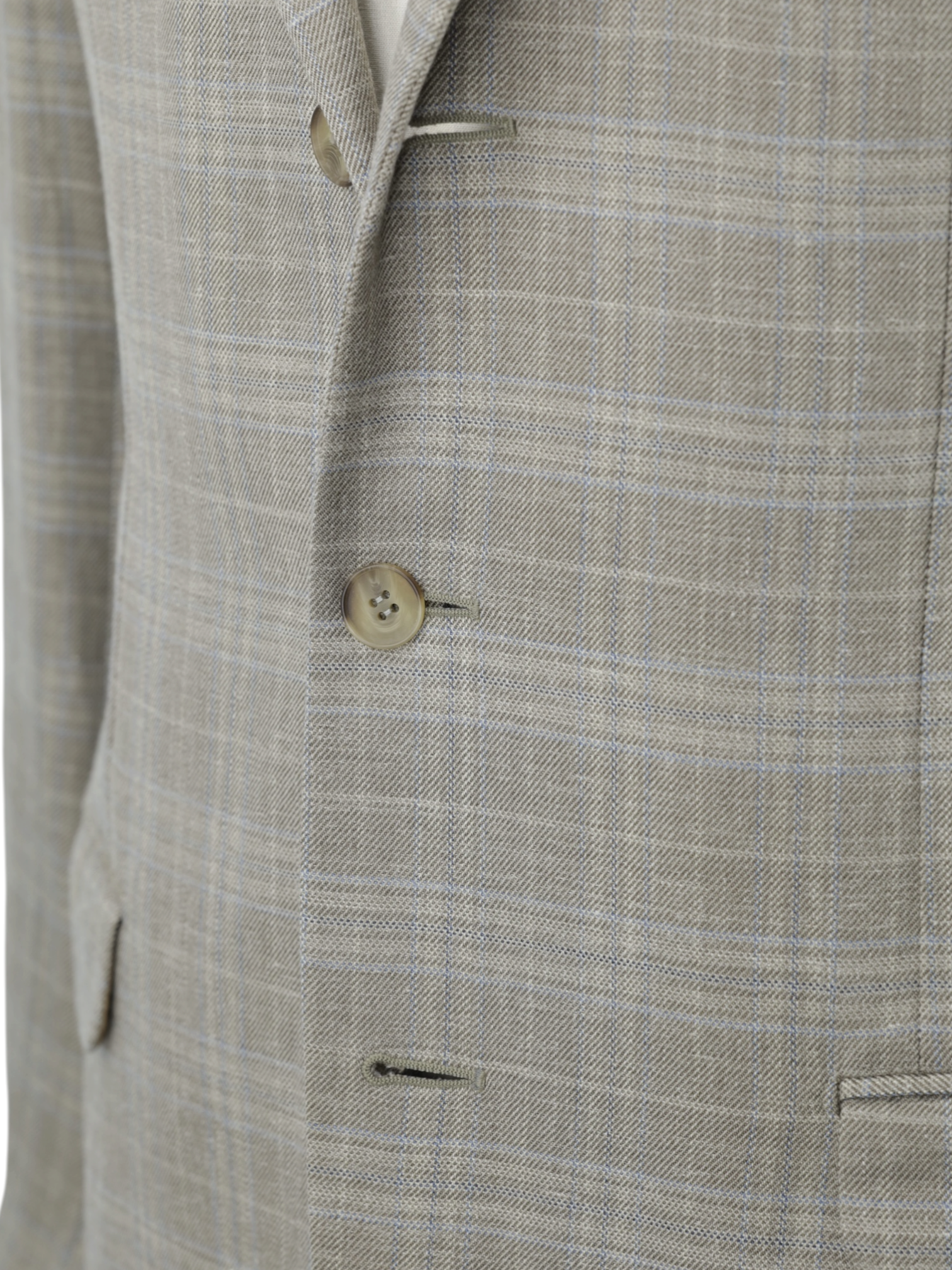Corneliani Taupe & Light Blue Wool, Silk & Linen Checkered Jacket
