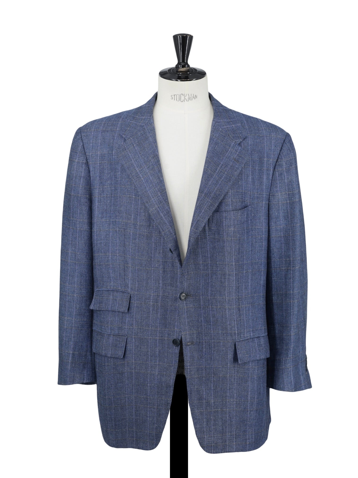 Kiton Blue & Light Brown Linen, Cashmere & Silk Windowpane Jacket