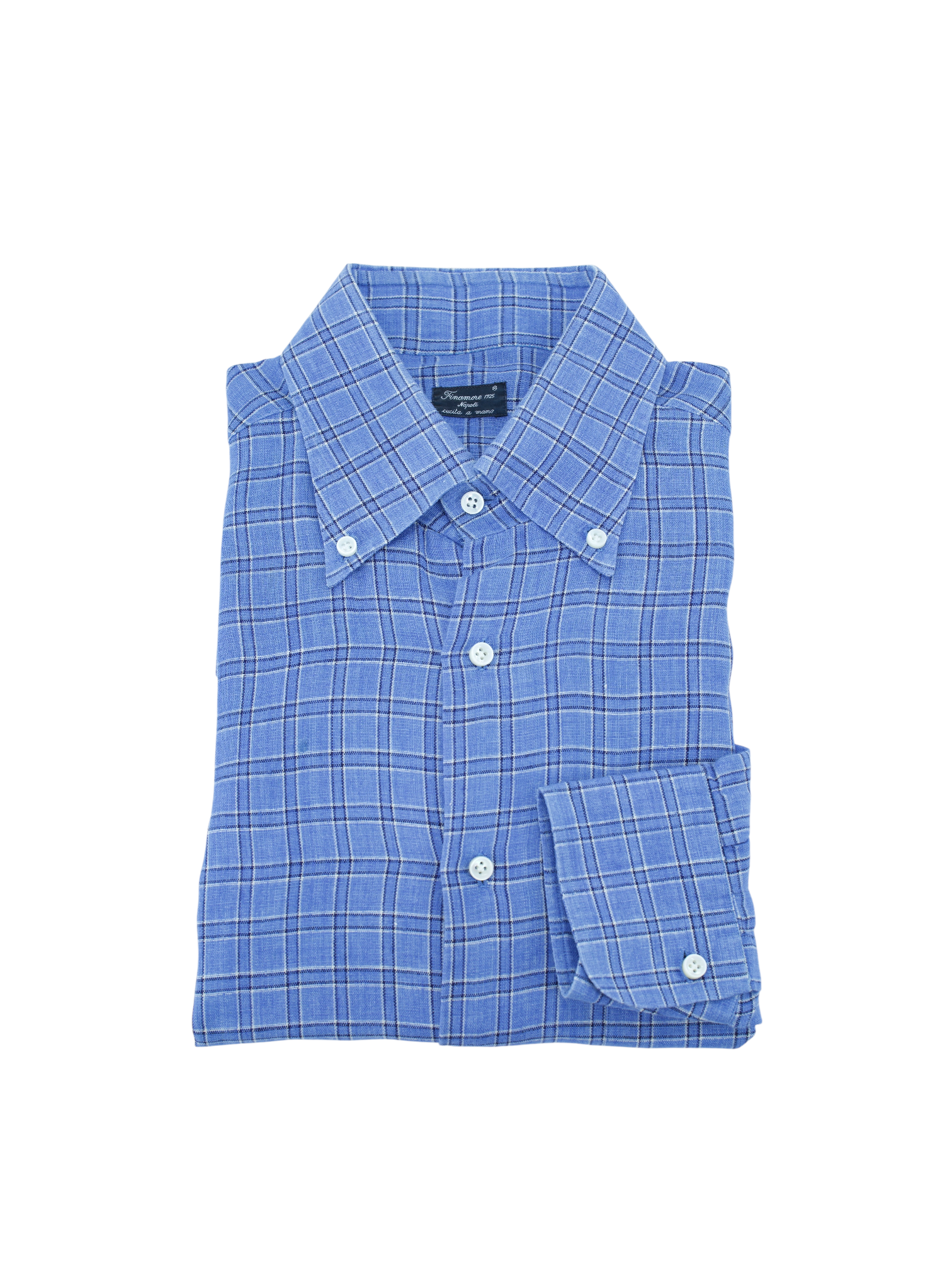 Finamore Blue Linen Windowpane Button-Down Shirt