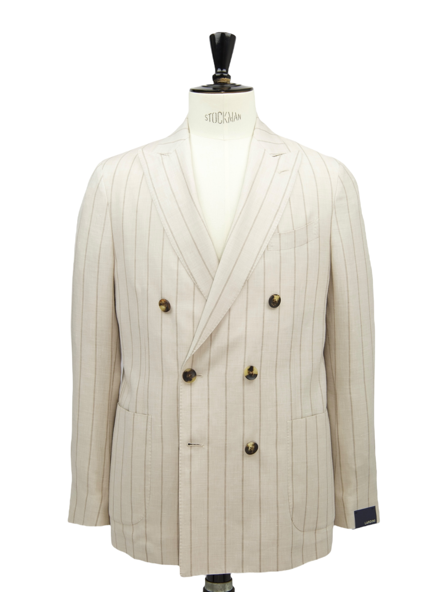 Lardini Taupe Double Breasted Wool, Linen & Silk Chalkstripe Jacket