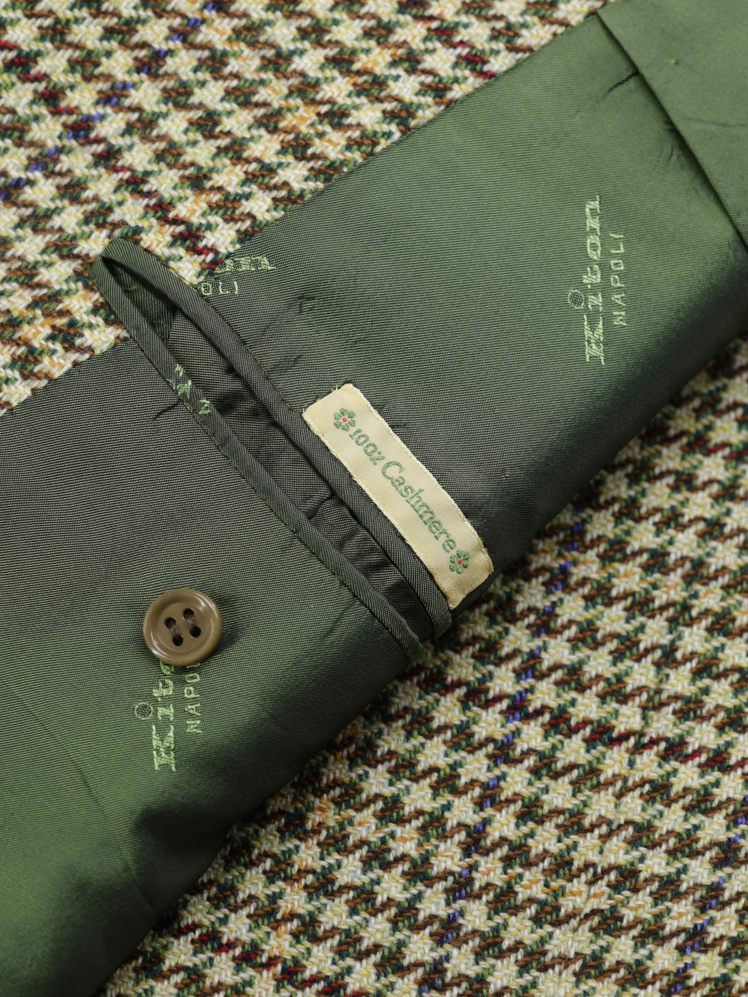 Kiton Light Brown & Green Vintage Pure-Cashmere Houndstooth Jacket