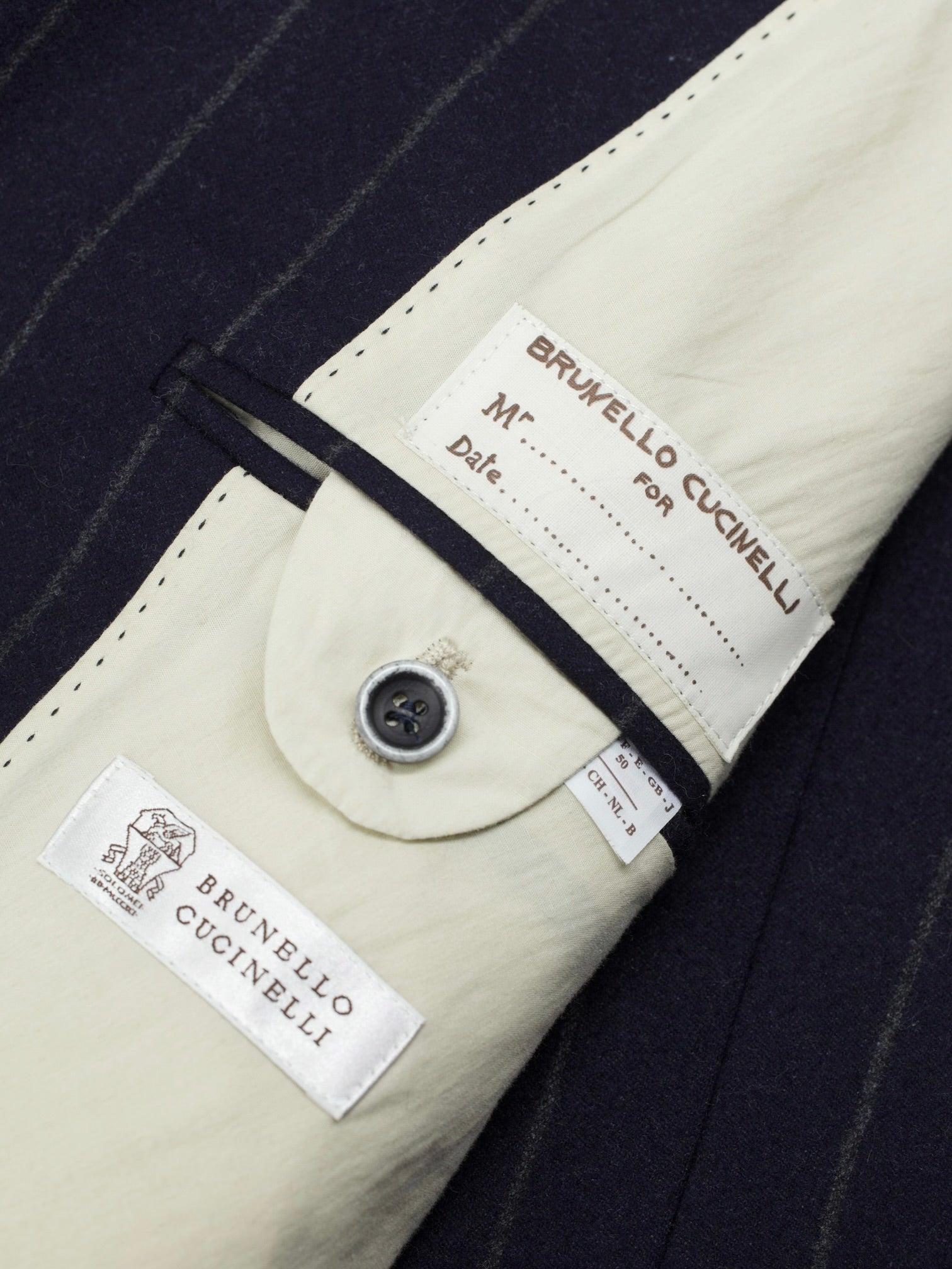 Brunello Cucinelli Navy Wool & Cashmere Elbow-Patch Chalkstripe Jacket