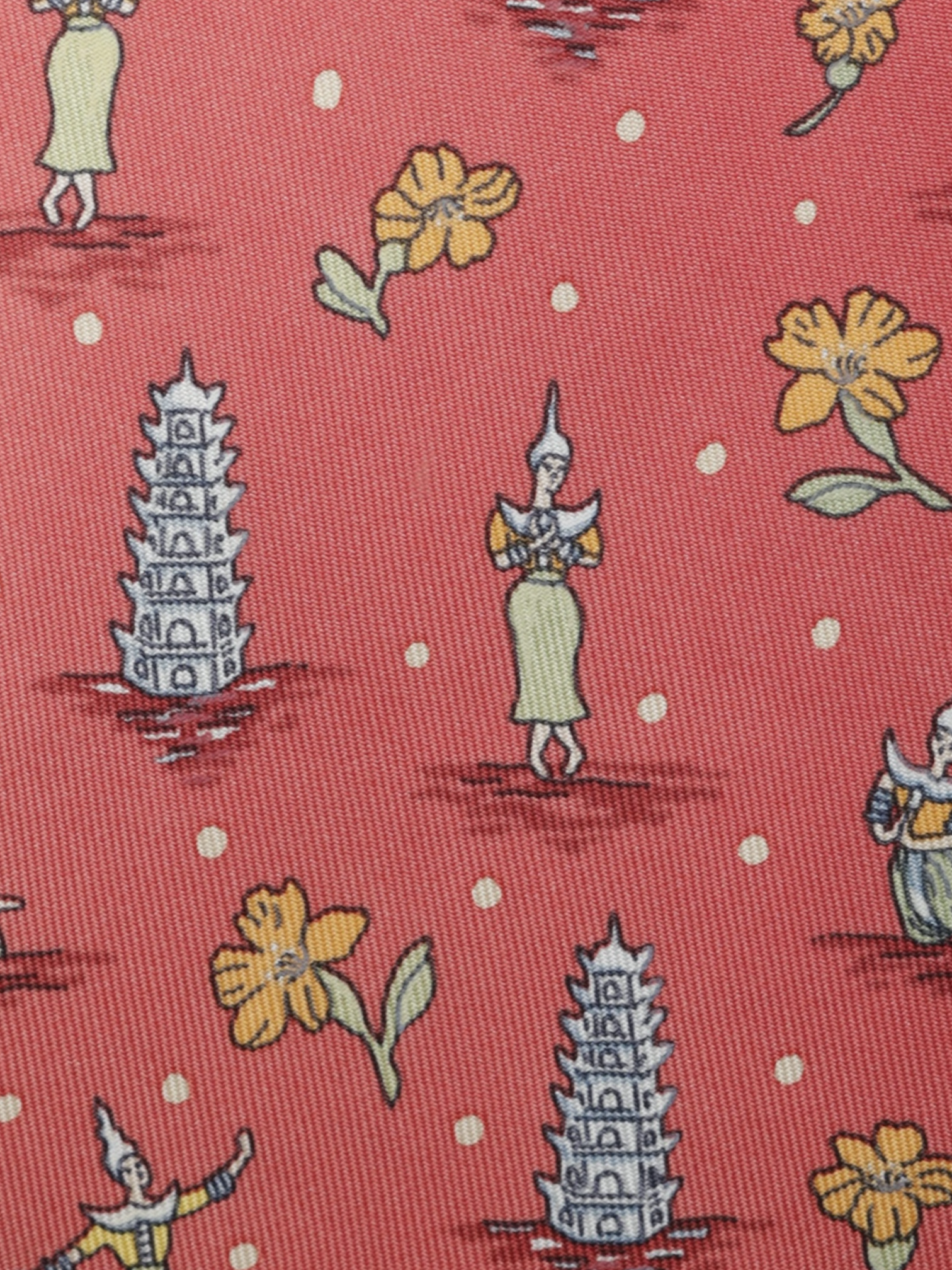 Hermès Coral Red Silk Oriental Pagoda-Pattern Tie