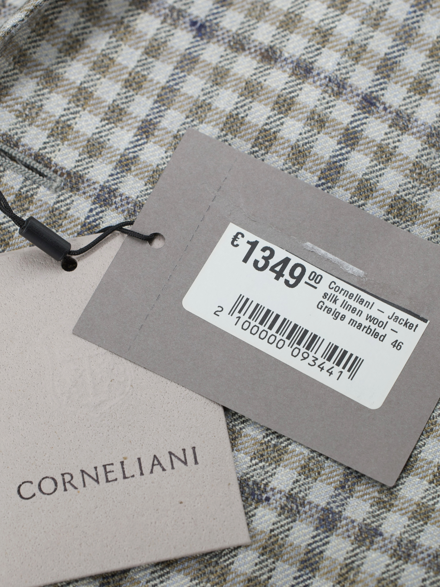 Corneliani Marlbled Greige Silk, Linen & Wool Guncheck Jacket